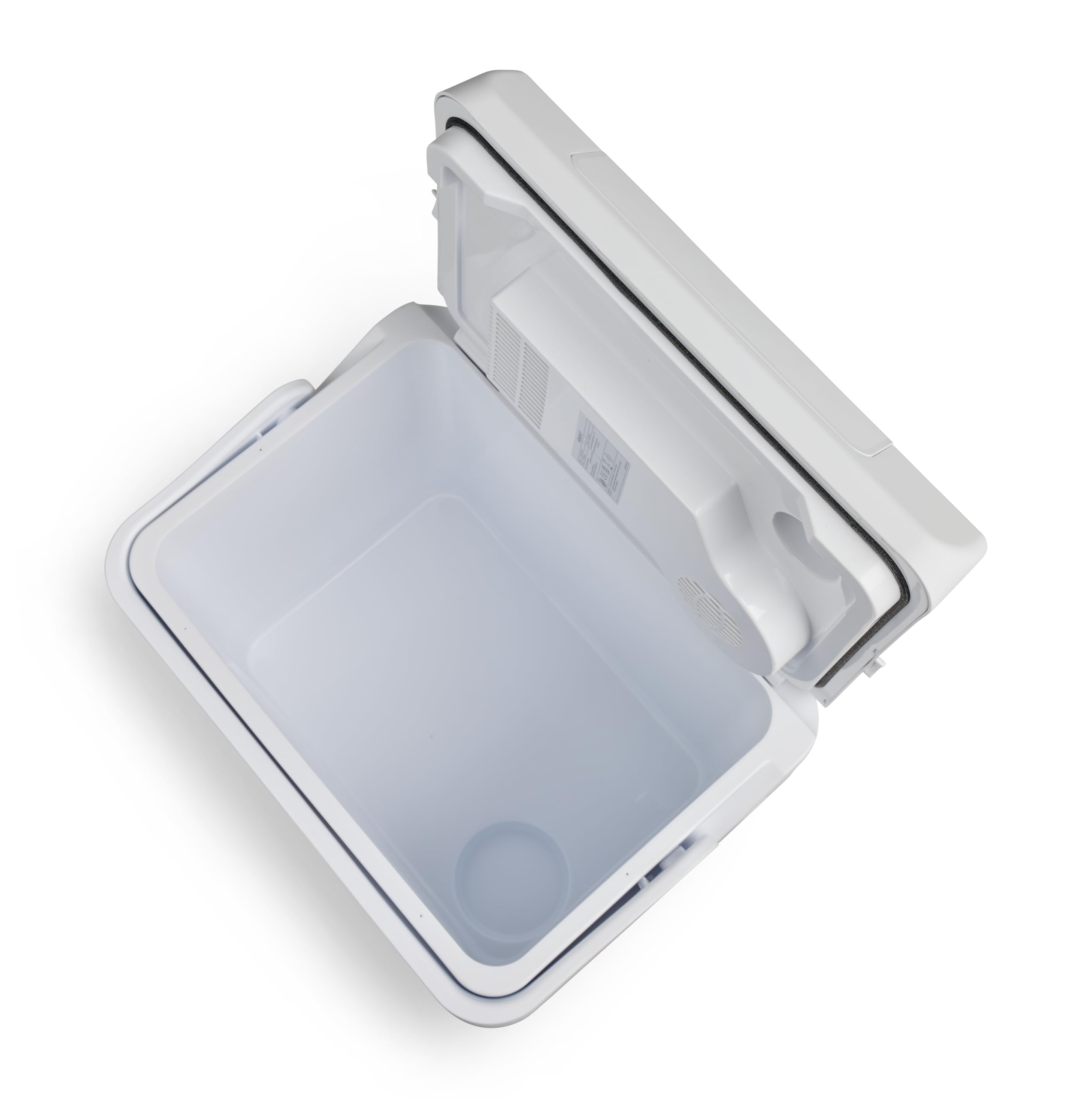Una borsa frigo bianca aperta su sfondo bianco.