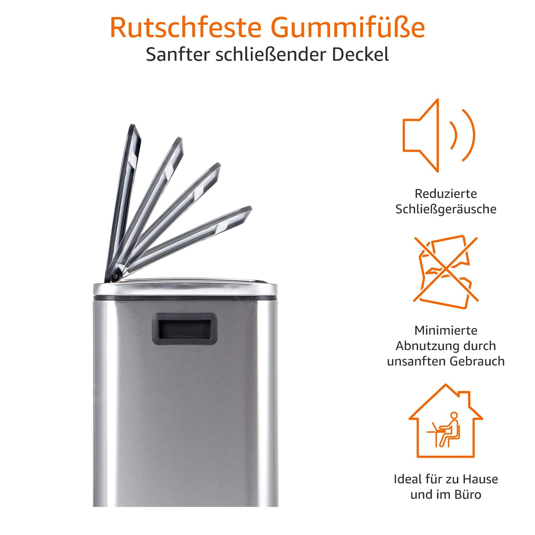 Edelstahl-Mülleimer mit sanft schließendem Deckel und Symbolen für leisen Betrieb, Langlebigkeit und Heimgebrauch.