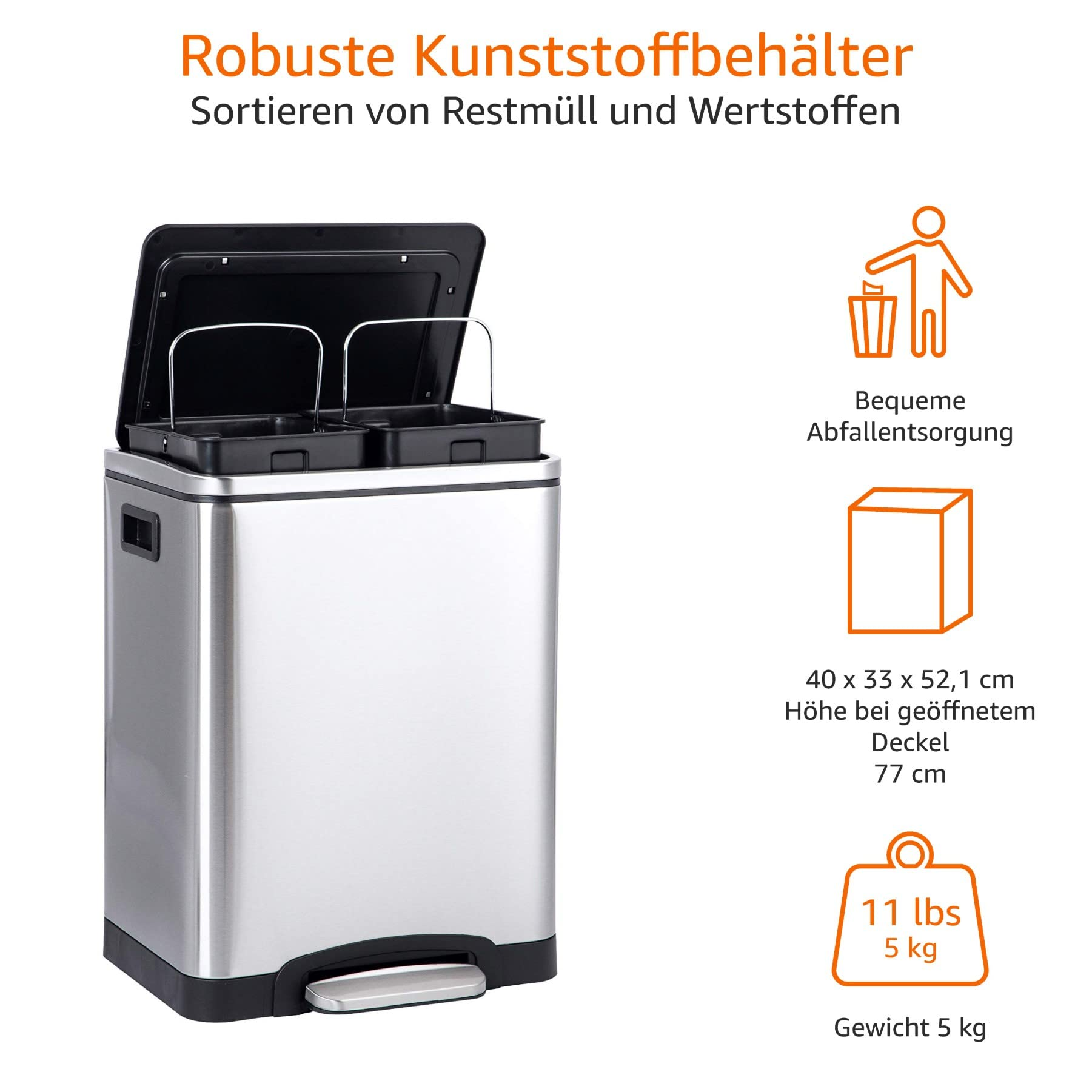 Silberner Doppel-Mülleimer mit offenem Deckel, zwei herausnehmbaren Eimern und Fußpedal, Maße und Gewicht angegeben.