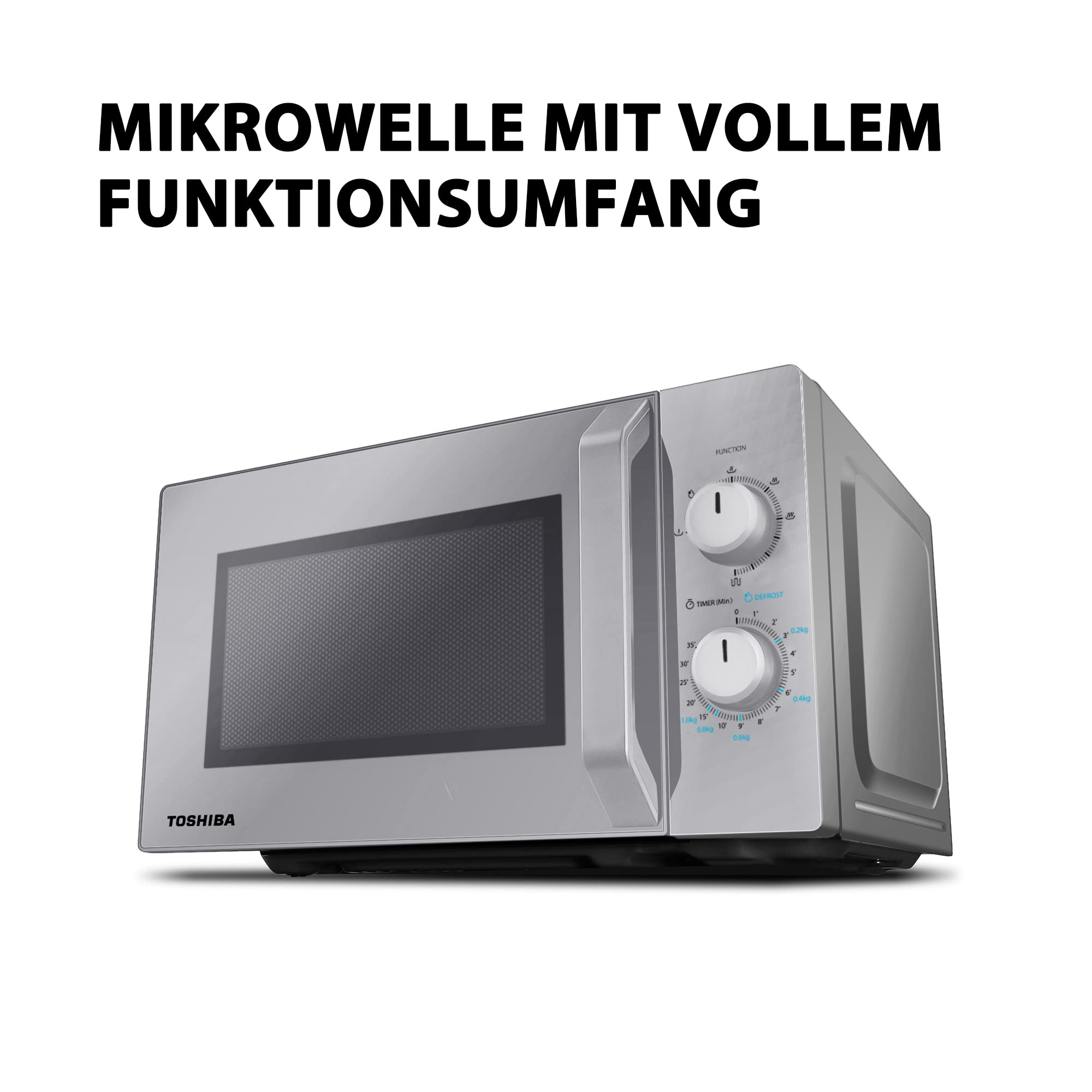 Eine silberne Toshiba Mikrowelle mit zwei Drehreglern auf der rechten Seite und einem großen Displayfenster.