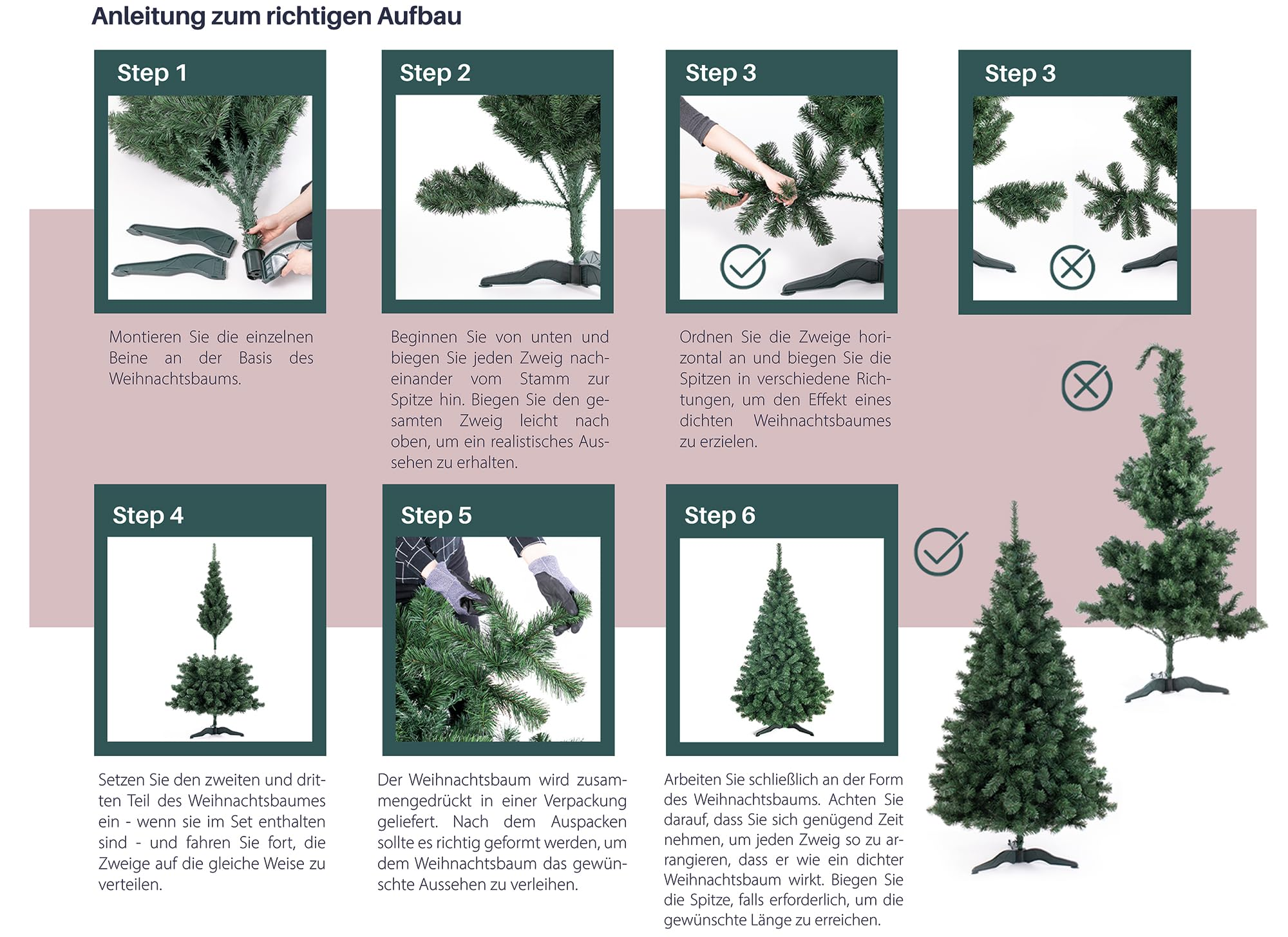 Guida in sei passaggi per montare e modellare un albero di Natale finto.