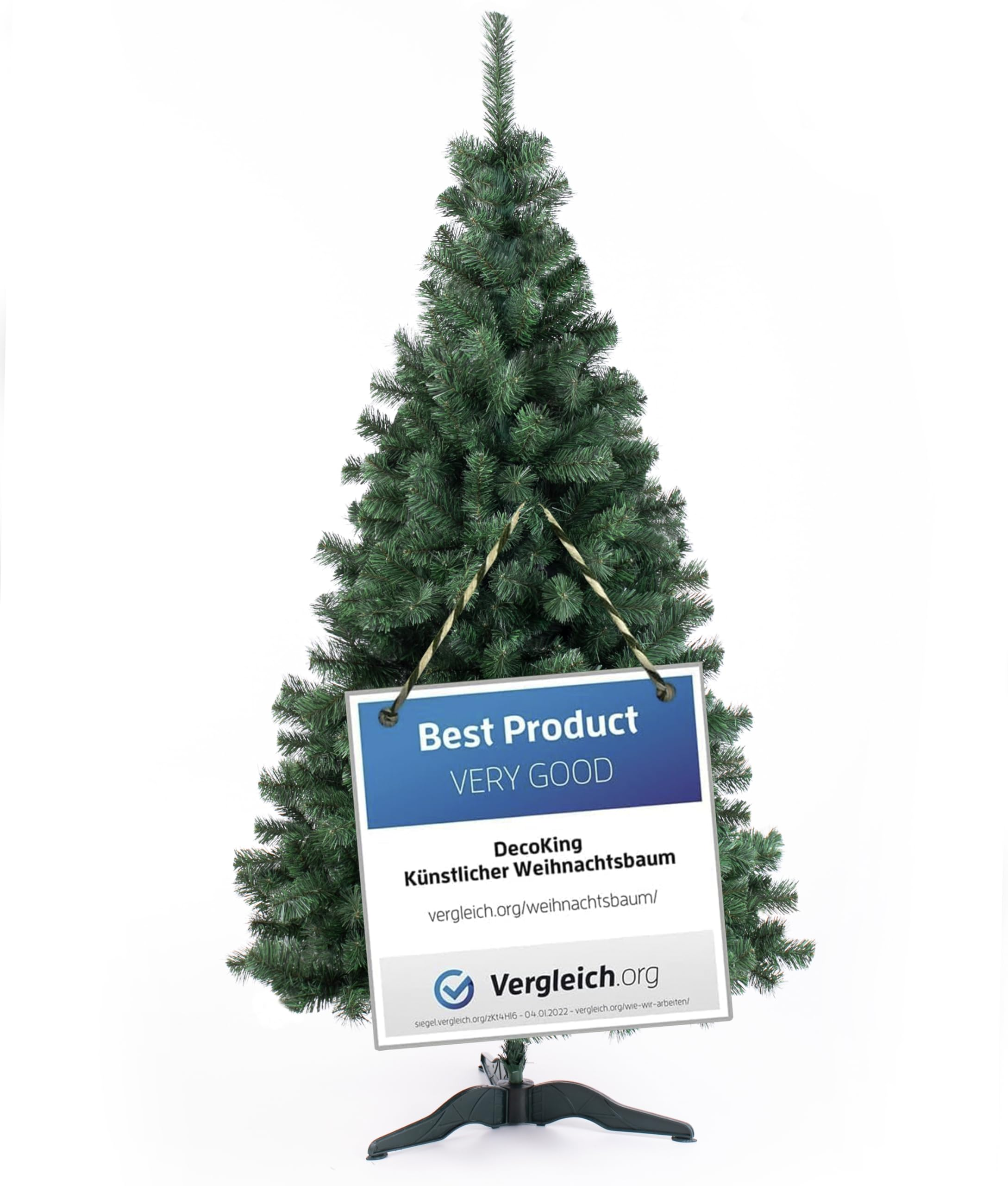Un albero di Natale artificiale verde con un cartello Best Product su sfondo bianco.
