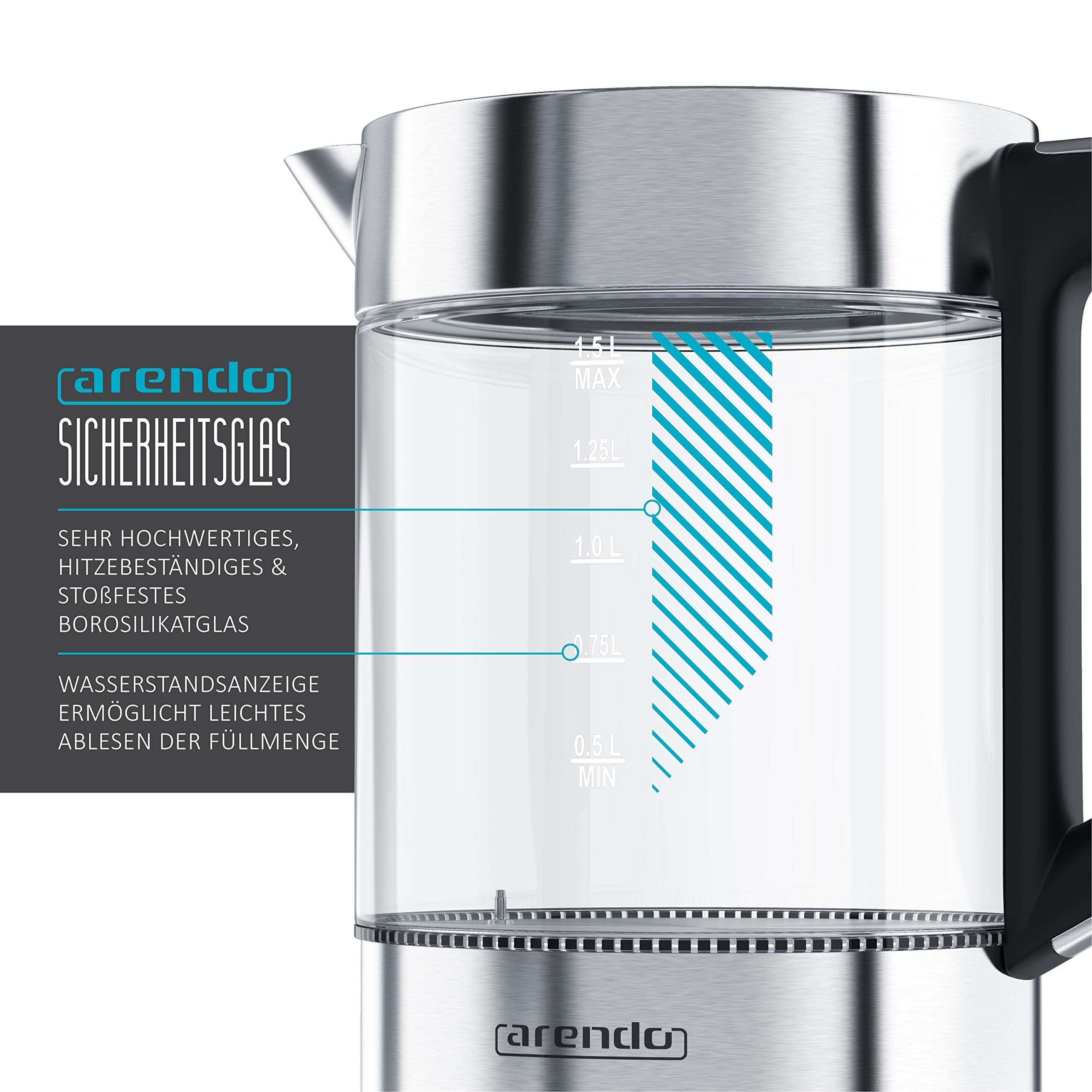 Arendo Glas-Wasserkocher mit Sicherheitsglas und gut lesbarer Wasserstandsanzeige.