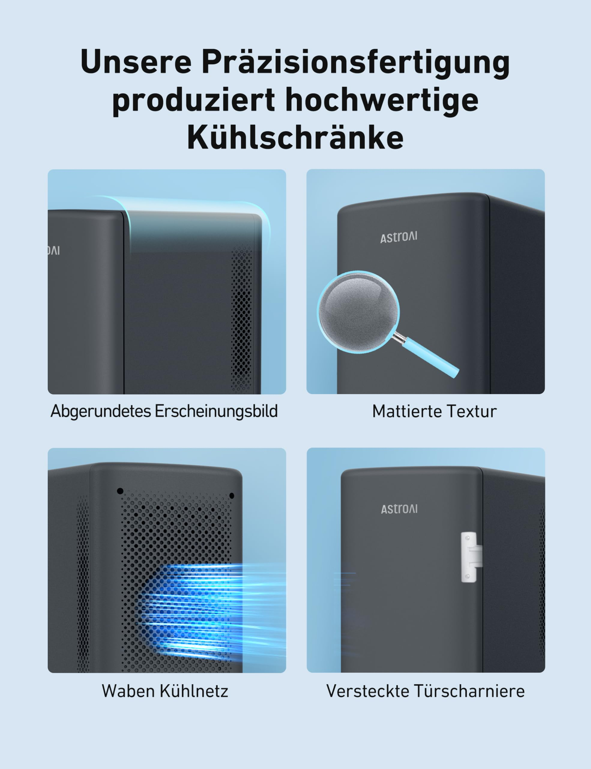 Infografik zeigt vier Merkmale eines schwarzen Minikühlschranks: abgerundete Ecken, matte Textur, Wabenlüftung und Scharnier.