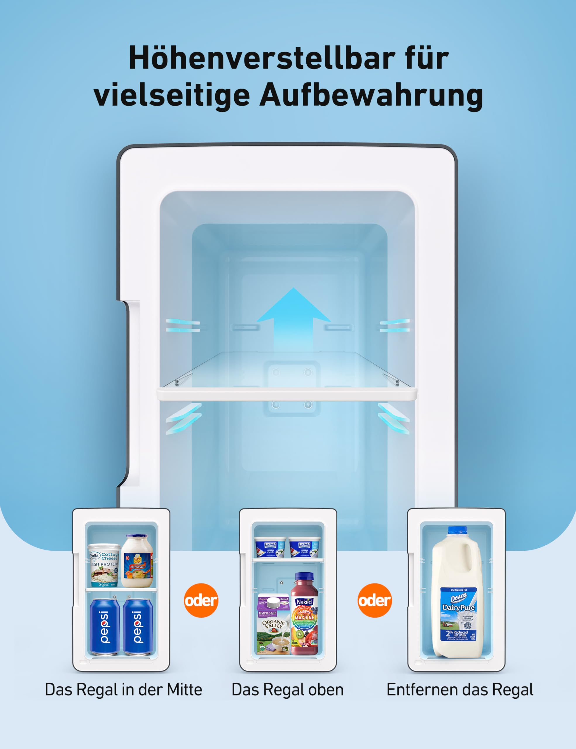 Eine Illustration zeigt einen Mini-Kühlschrank mit verstellbaren Regalen für vielseitige Lagerung.