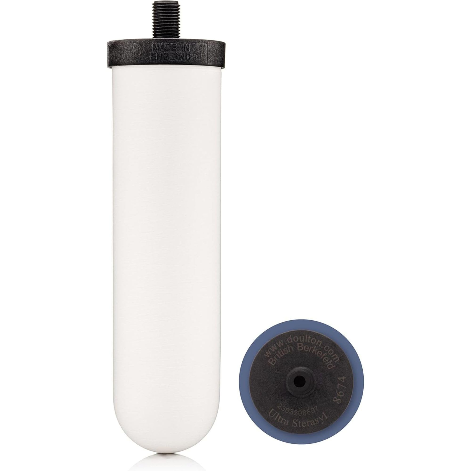 Ein weißer zylindrischer Wasserfilter mit einem schwarzen Gewindeanschluss und einer blauen Endkappe.