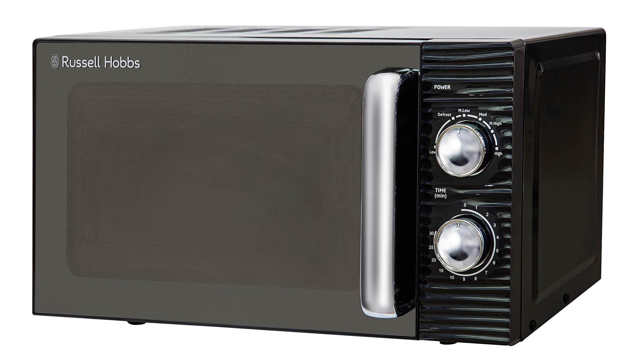 Un micro-ondes noir Russell Hobbs avec une poignée argentée et deux boutons rotatifs sur le panneau de commande.