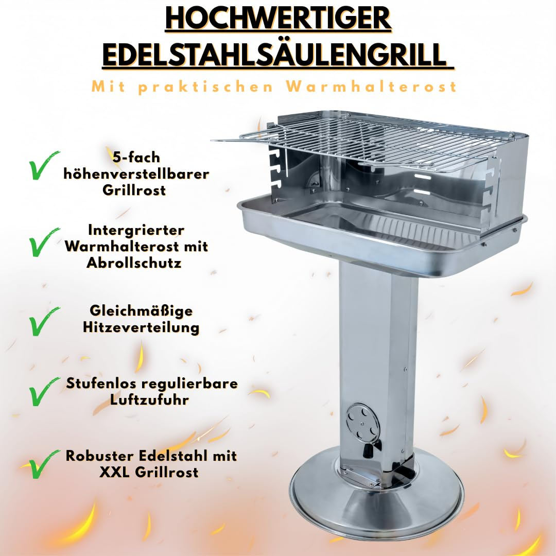 Un barbecue sur pied en acier inoxydable avec grille et grille de maintien au chaud, entouré de texte et de flammes.