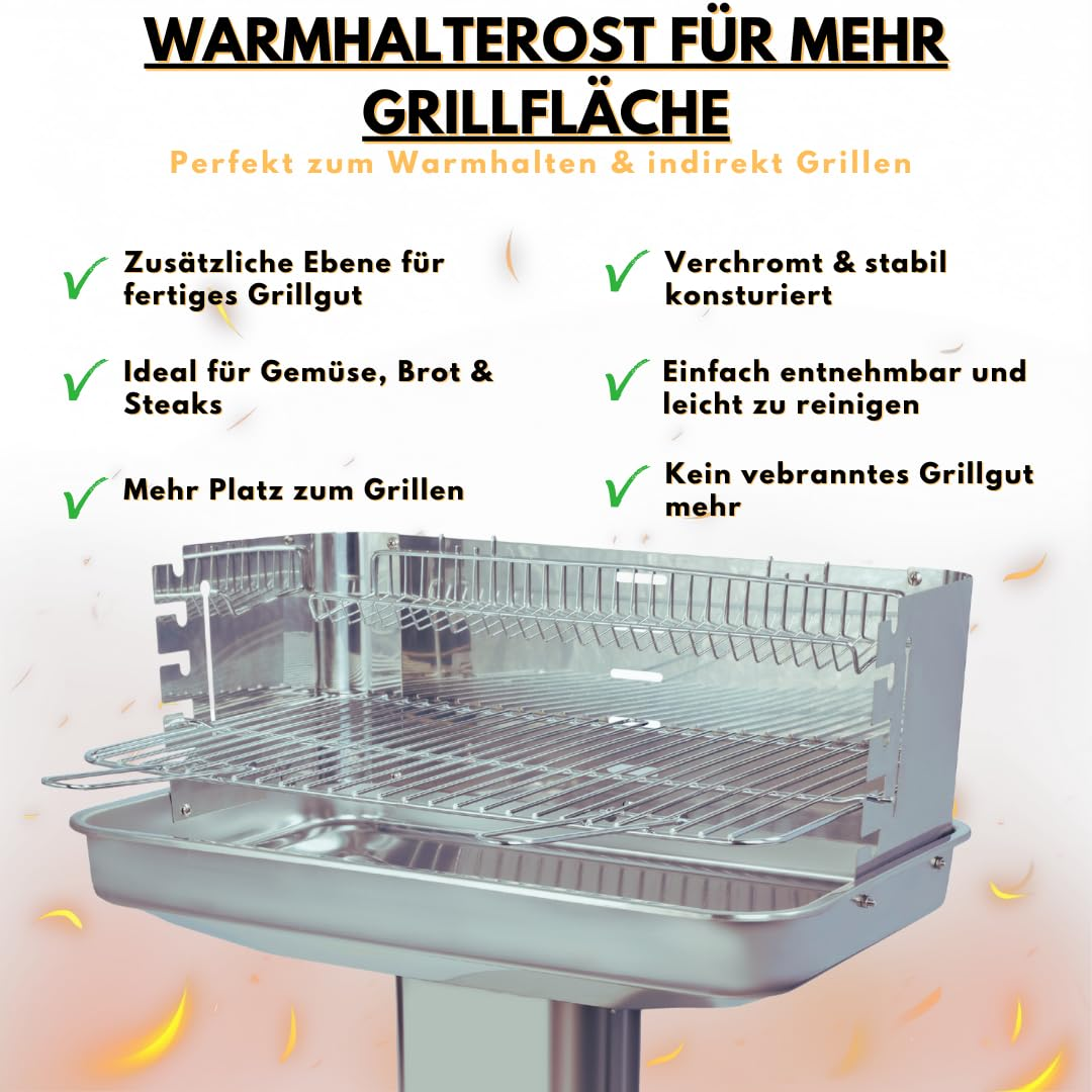 Grille de maintien au chaud en acier inoxydable avec du texte publicitaire sur ses caractéristiques.