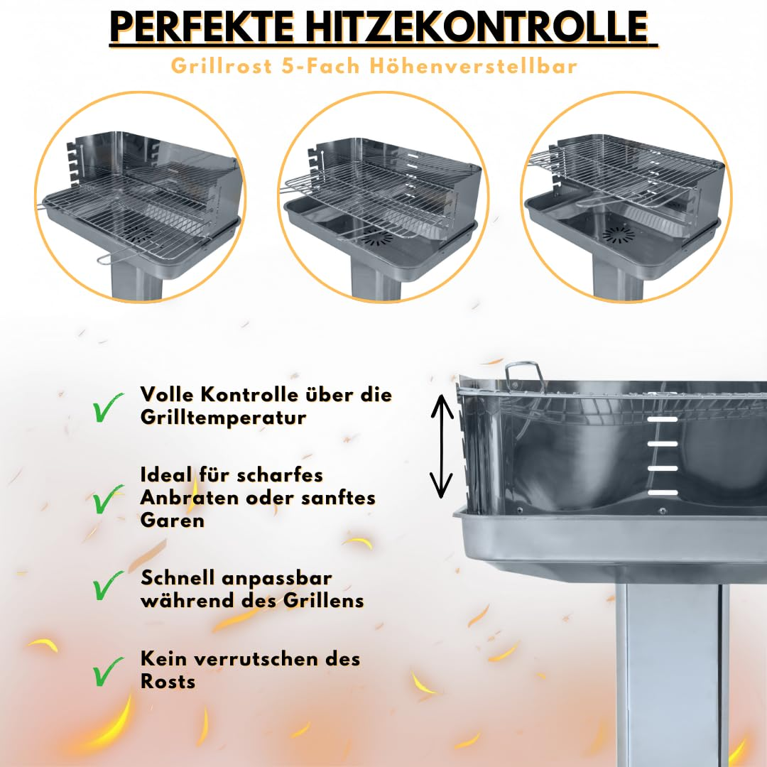 Gril en acier inoxydable avec grille réglable sur cinq hauteurs et contrôle de la chaleur.