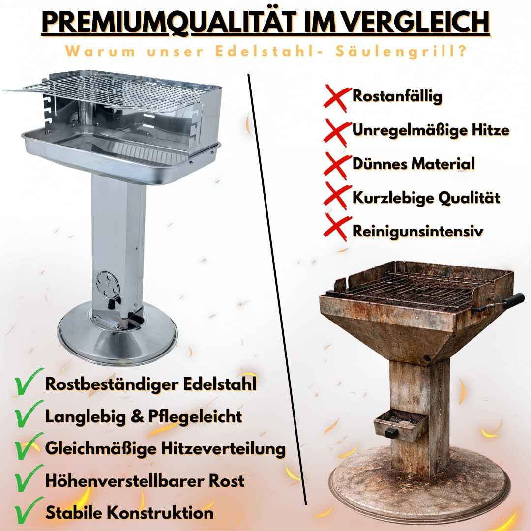 Comparaison d'un nouveau barbecue sur pied en acier inoxydable avec un vieux grill rouillé.