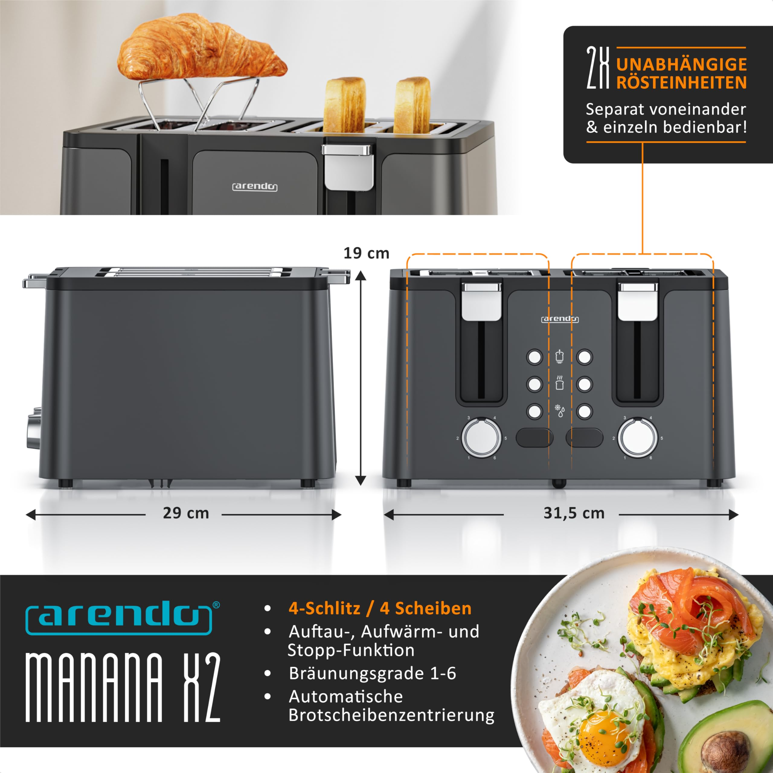 Tapane grigio Arendo Manana X2 a 4 fette con dimensioni, funzioni ed esempi di toast.