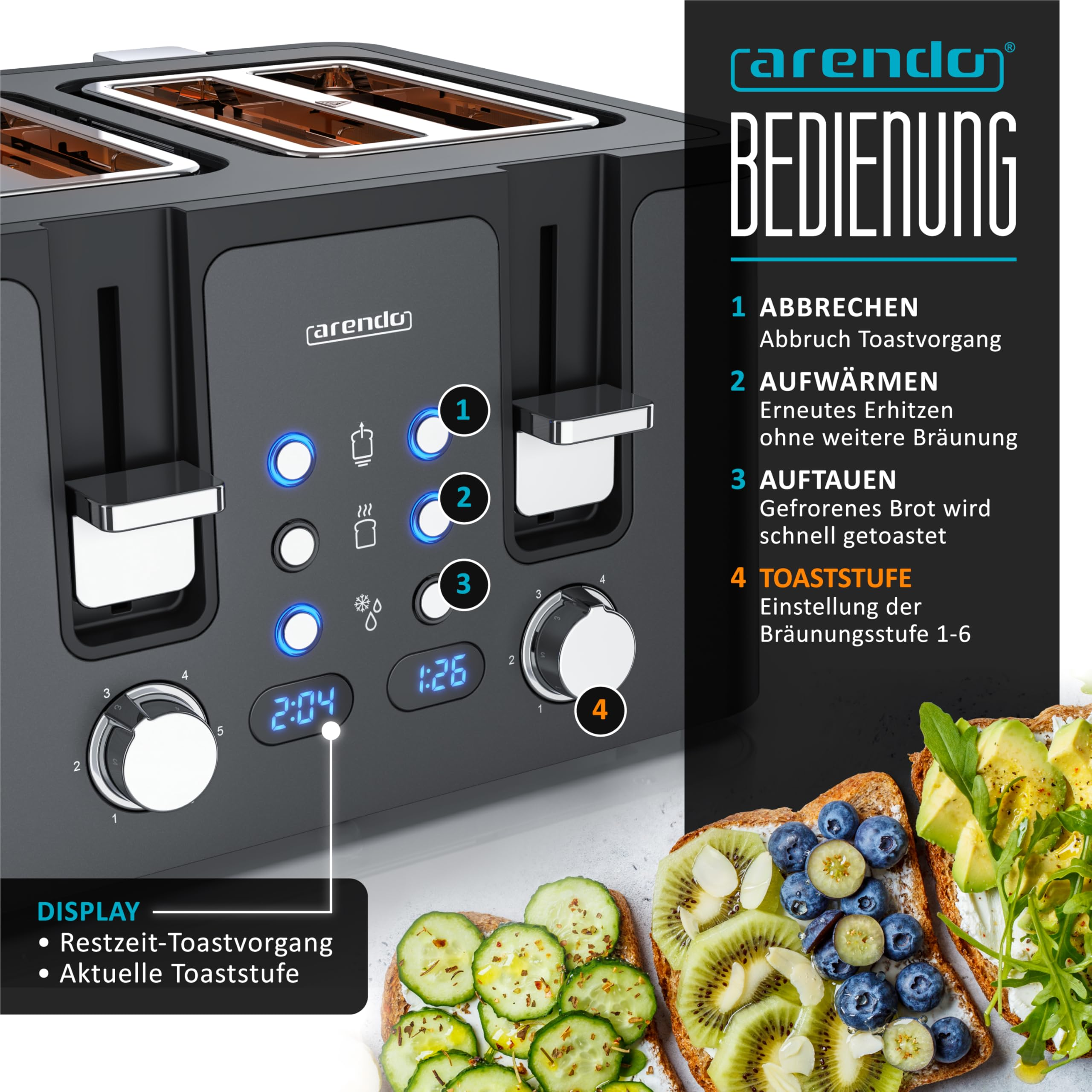 Un tostapane nero Arendo a quattro fessure con pulsanti LED blu, display digitali e manopole, vicino a fette di pane.