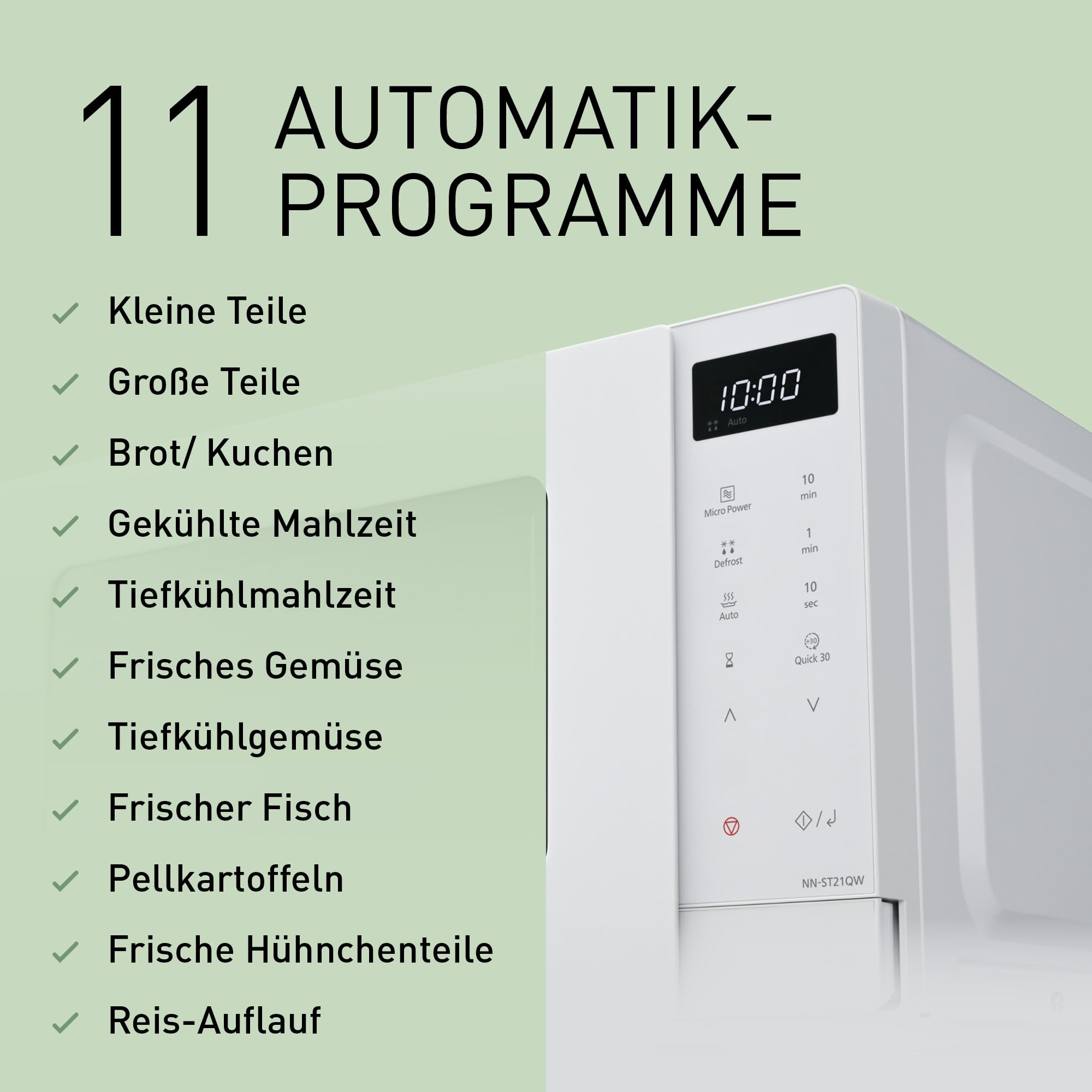 Werbebild für eine weiße Mikrowelle mit 11 Automatikprogrammen und einer Liste der Funktionen.