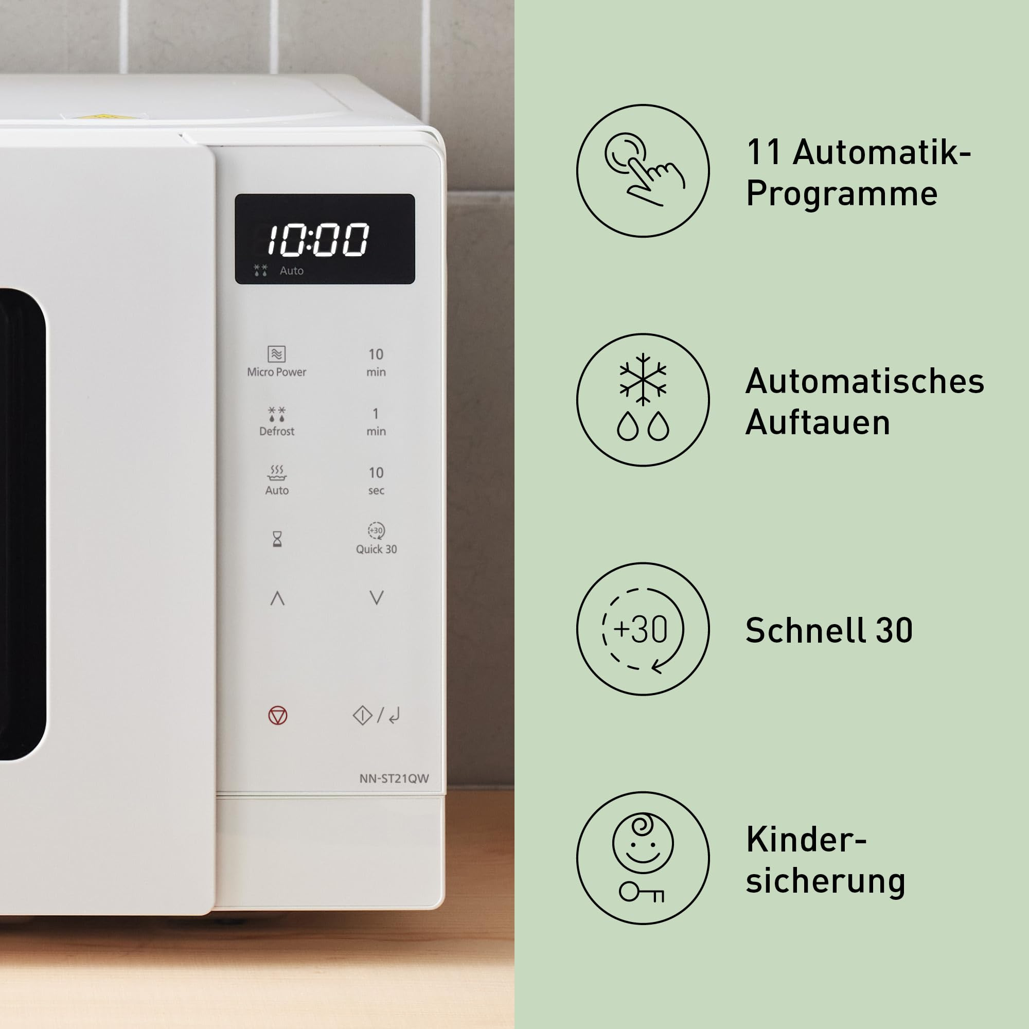 Weiße Mikrowelle mit digitalem Display und vier Funktionssymbolen mit Text auf grünem Hintergrund.