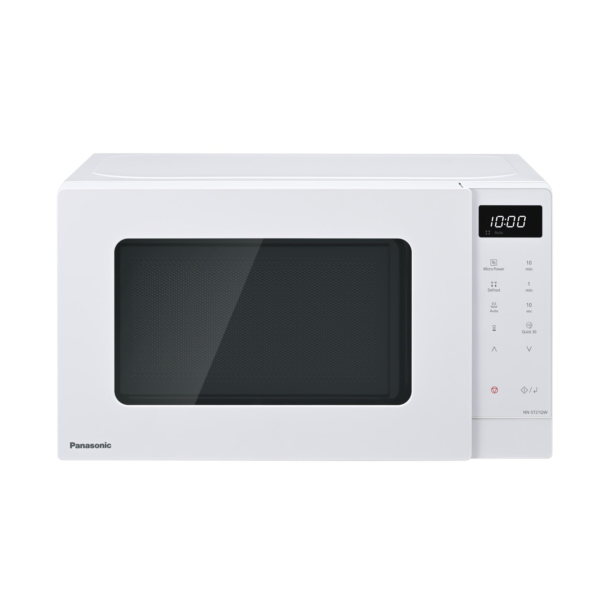 Eine weiße Panasonic Mikrowelle mit digitalem Display und schwarzen Bedientasten auf der rechten Seite.