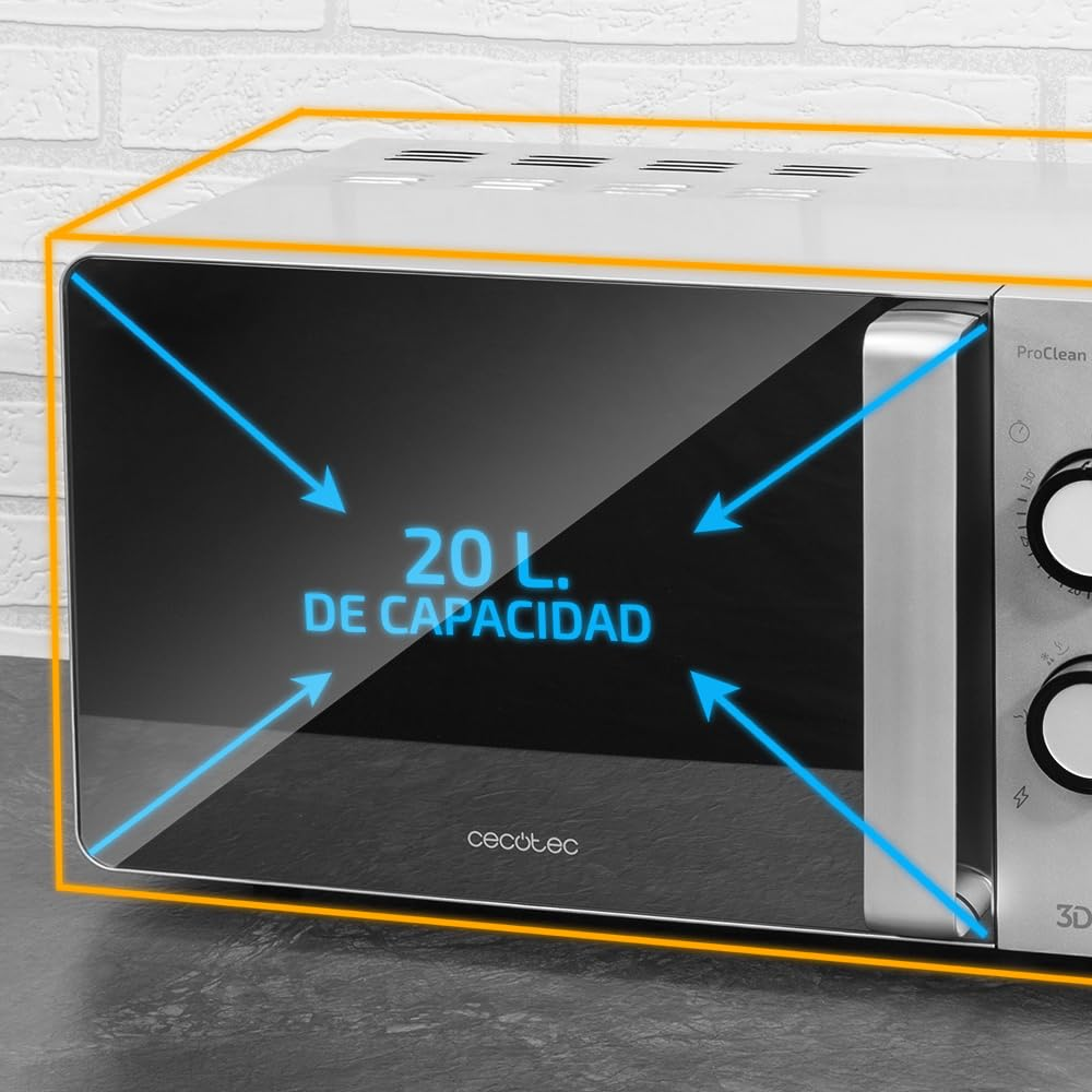Micro-ondes en acier inoxydable avec une capacité de 20L, porte en verre noir et fond gris.