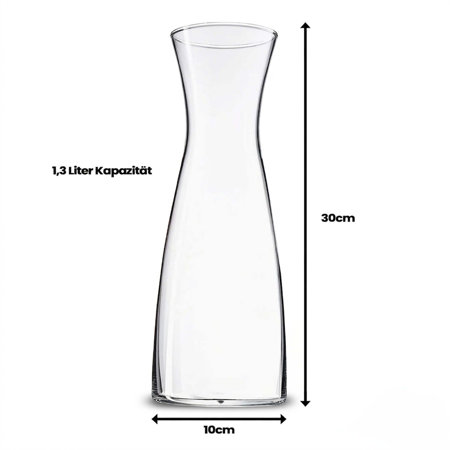 Eine klare Glaskaraffe mit 30 cm Höhe, 10 cm Bodenbreite und 1,3 l Fassungsvermögen.