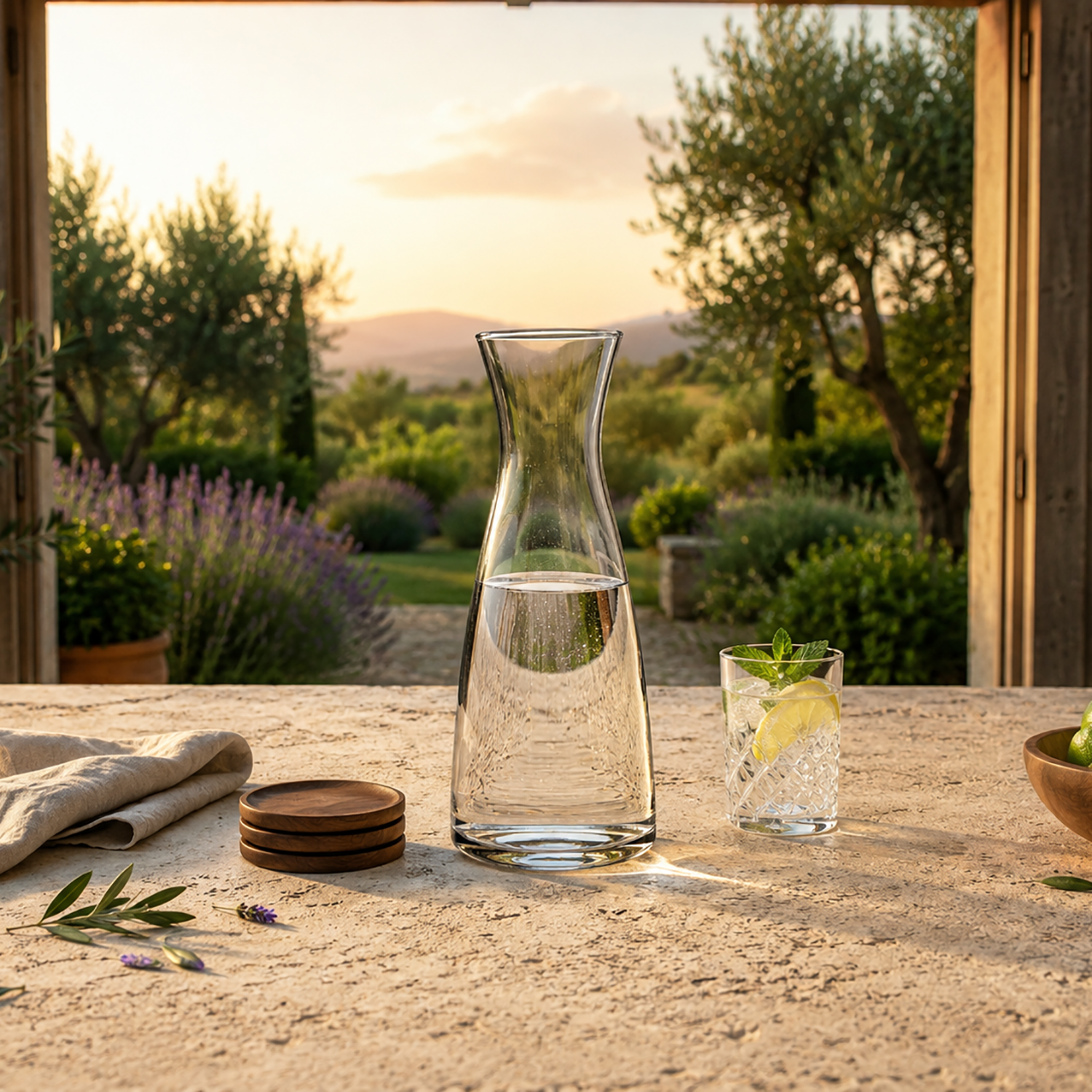 Wasserkrug und Glas mit Zitrone und Minze auf einem Tisch, im Hintergrund eine ländliche Landschaft.