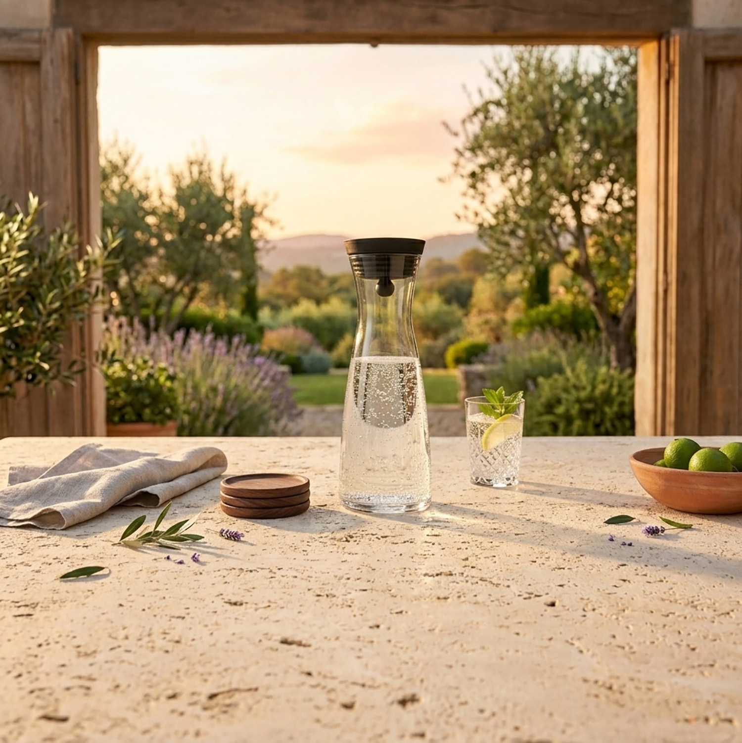 Eine Karaffe mit Wasser, ein Glas, Untersetzer und Limetten stehen auf einem Steintisch im Freien.