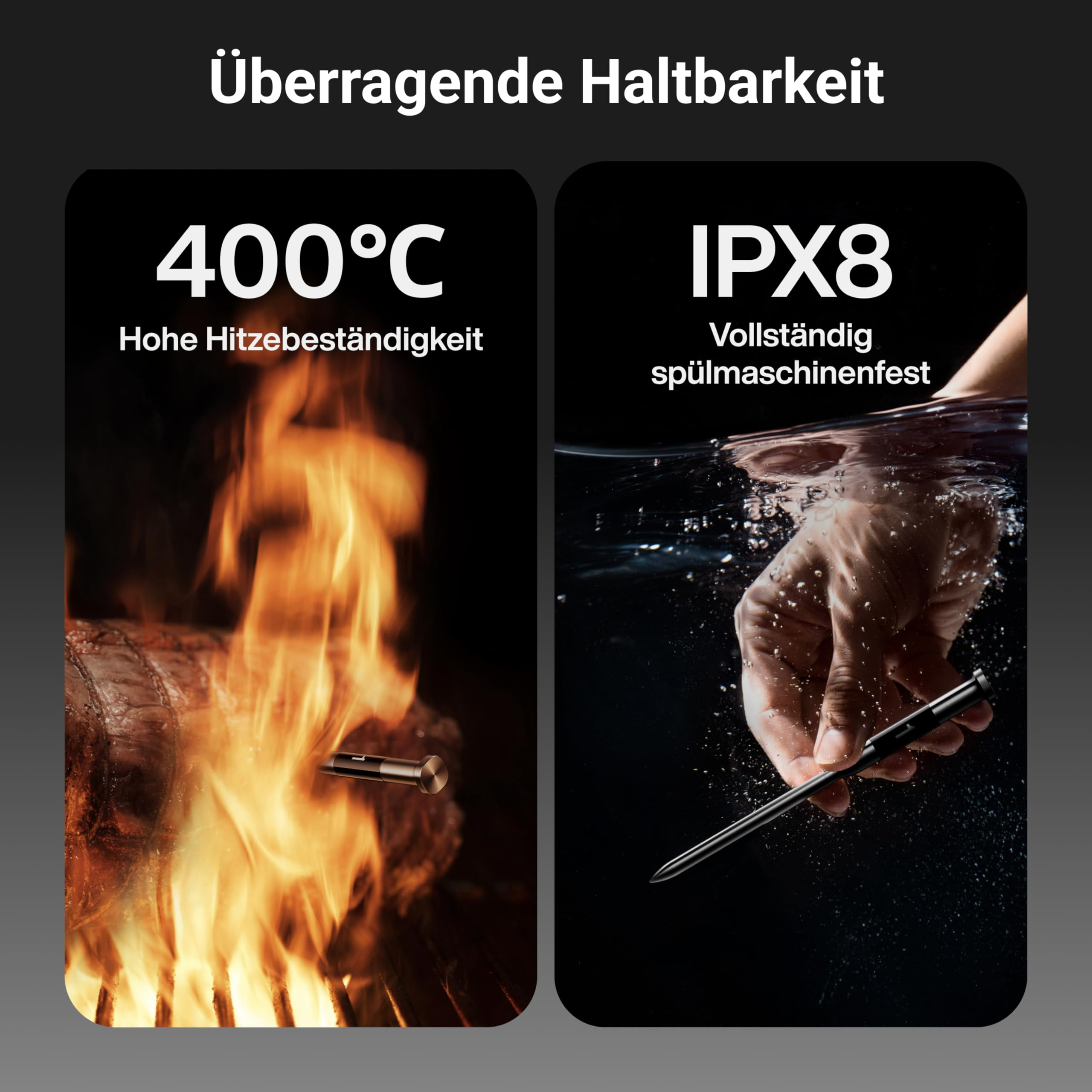 Produktmerkmale zeigen Hitzebeständigkeit bei 400°C und IPX8 Wasserdichtigkeit beim Abspülen.