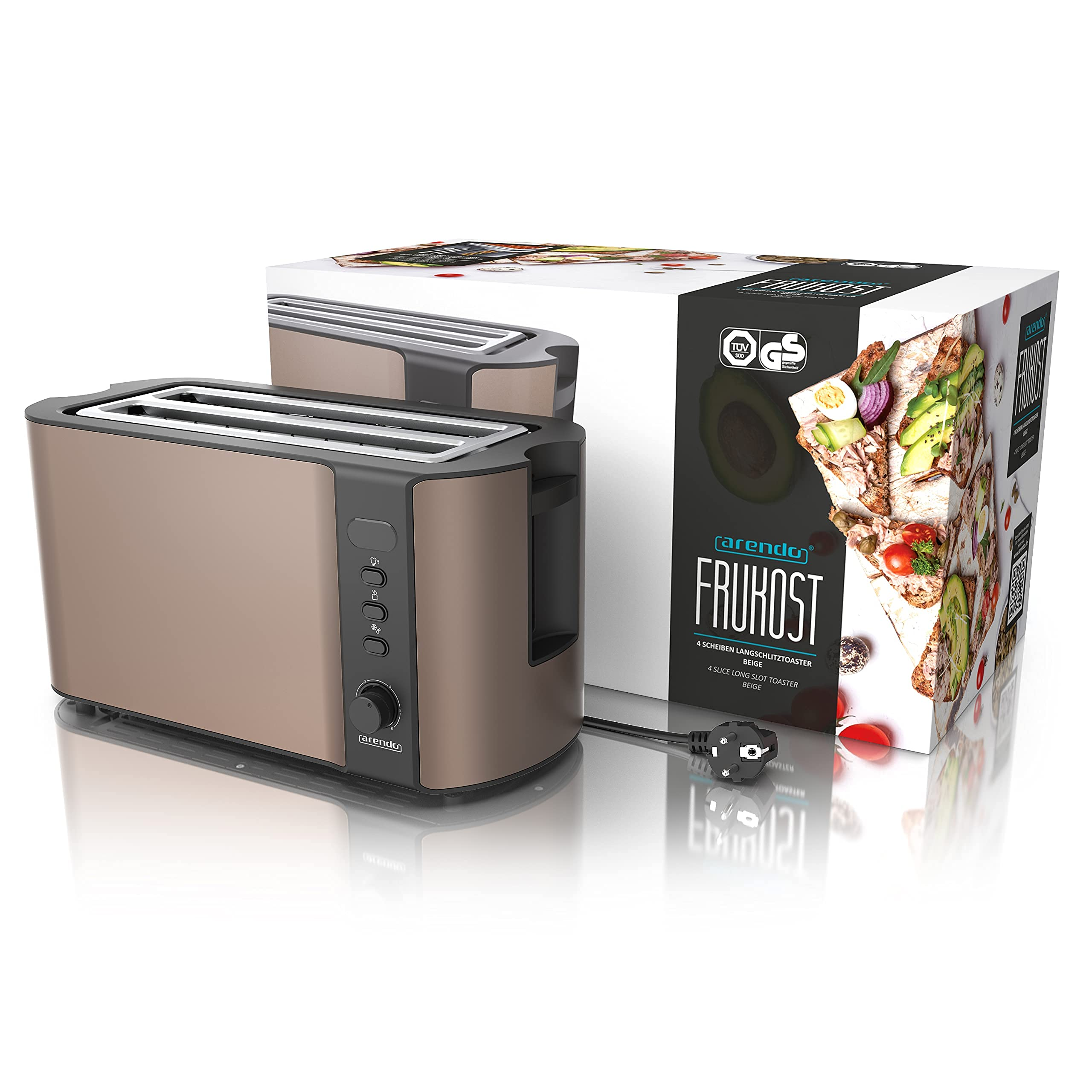 Un grille-pain beige à quatre fentes longues se tient devant son emballage coloré avec des images d'aliments.