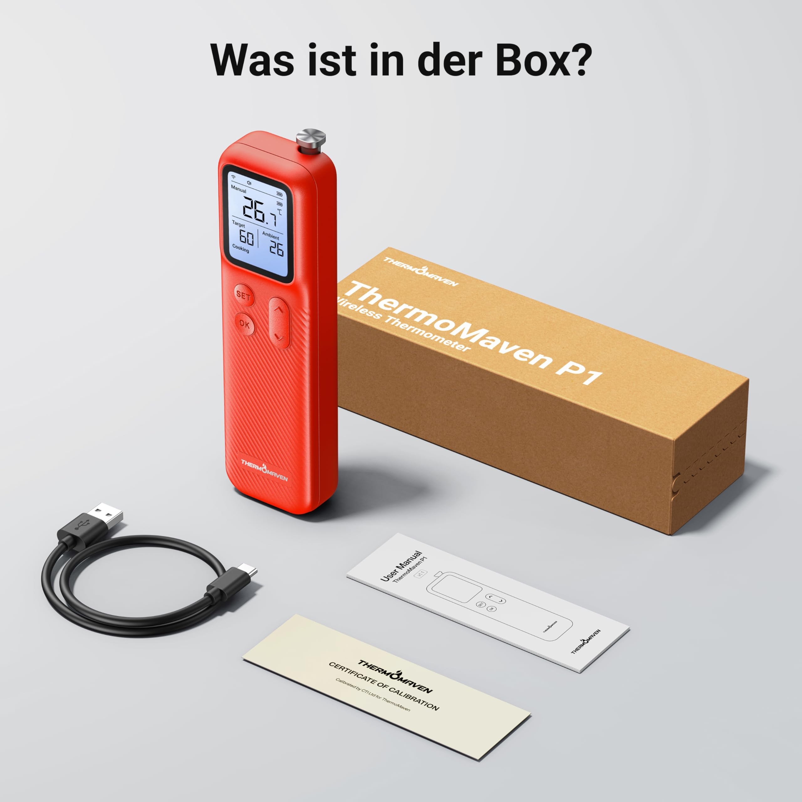 Ein rotes Thermometer, ein USB-Kabel, eine Anleitung, ein Zertifikat und eine braune Box.