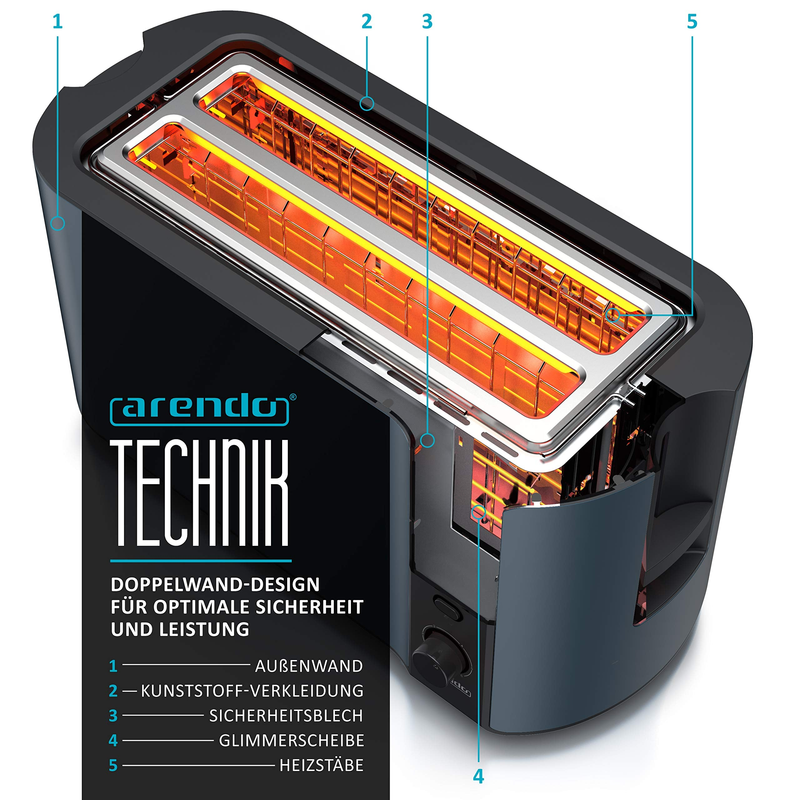 Uno spaccato dettagliato di un tostapane nero Arendo mostra i componenti interni con elementi riscaldanti luminosi.