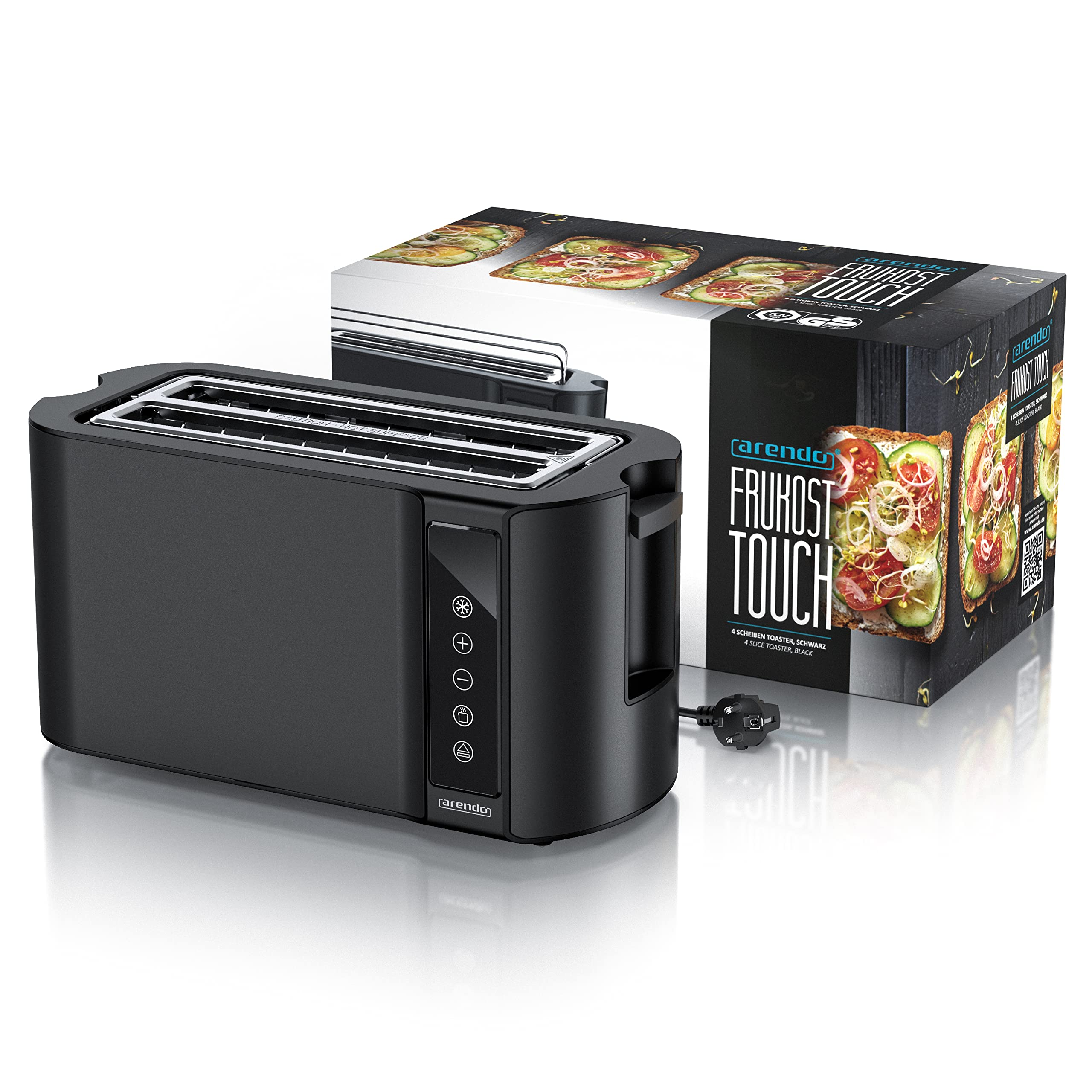 Un long grille-pain Arendo noir se trouve devant sa boîte de produit avec l'étiquette Frukost Touch.