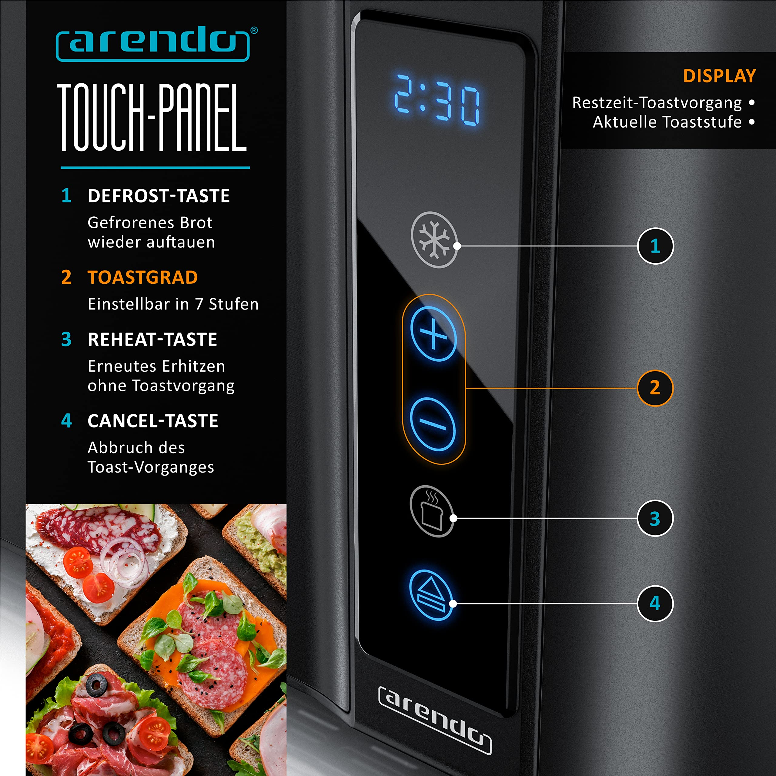 Panneau de commande de grille-pain Arendo avec touches tactiles et écran LED.