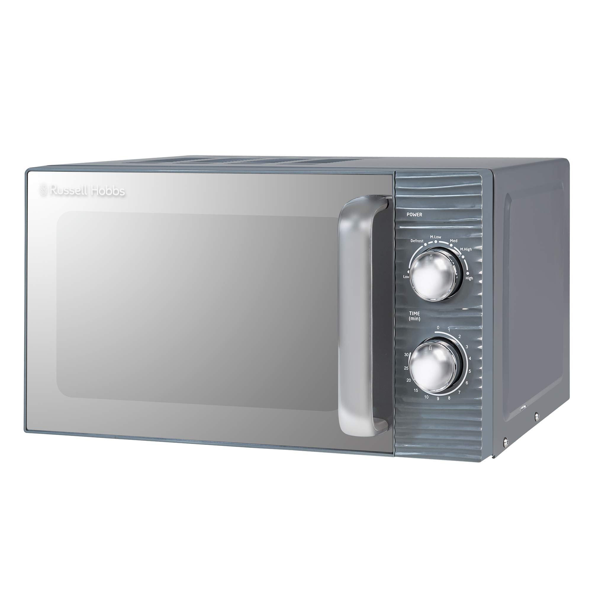 Un micro-ondes gris Russell Hobbs avec deux boutons argentés et une grande poignée sur la porte miroir.