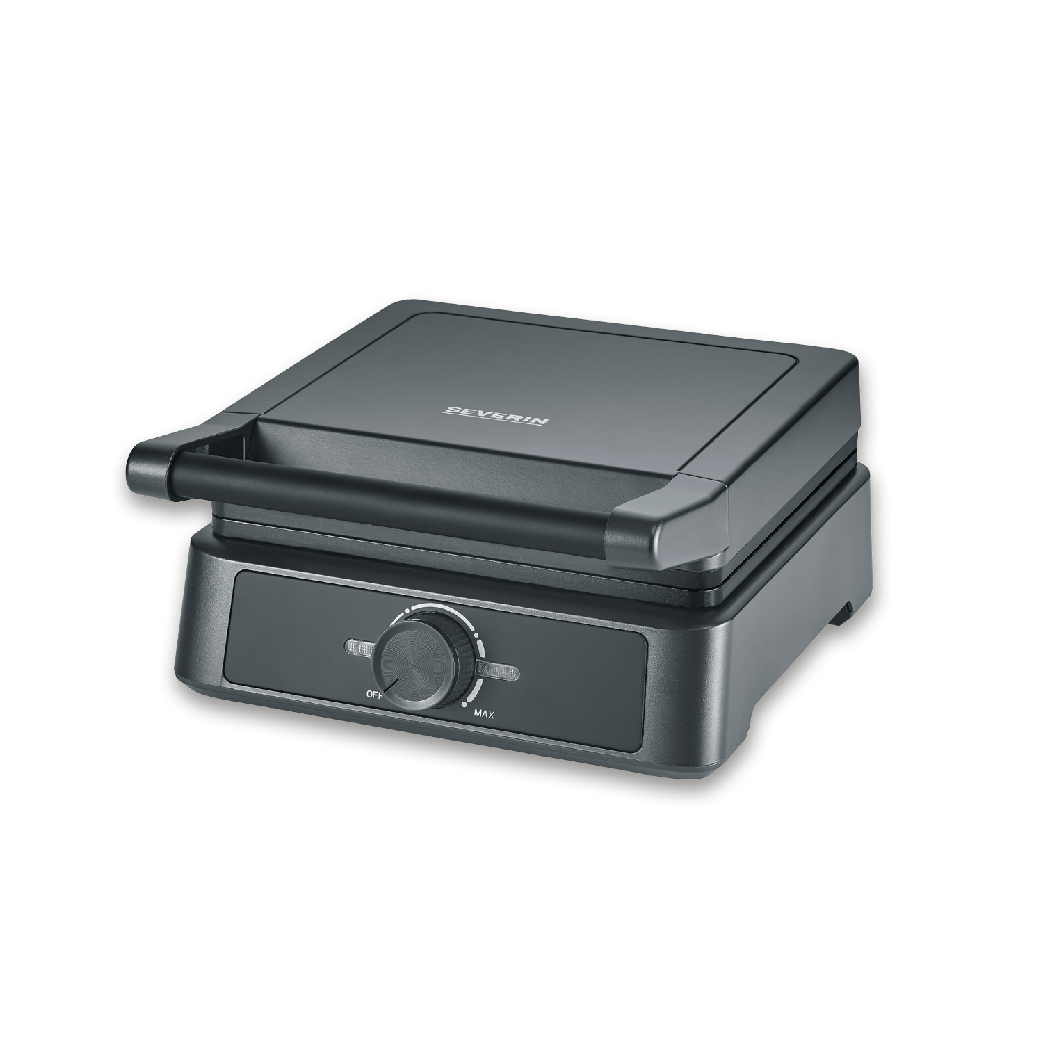 Ein geschlossener schwarzer Severin Kontaktgrill mit Temperaturregler auf einem schwarzen Hintergrund.