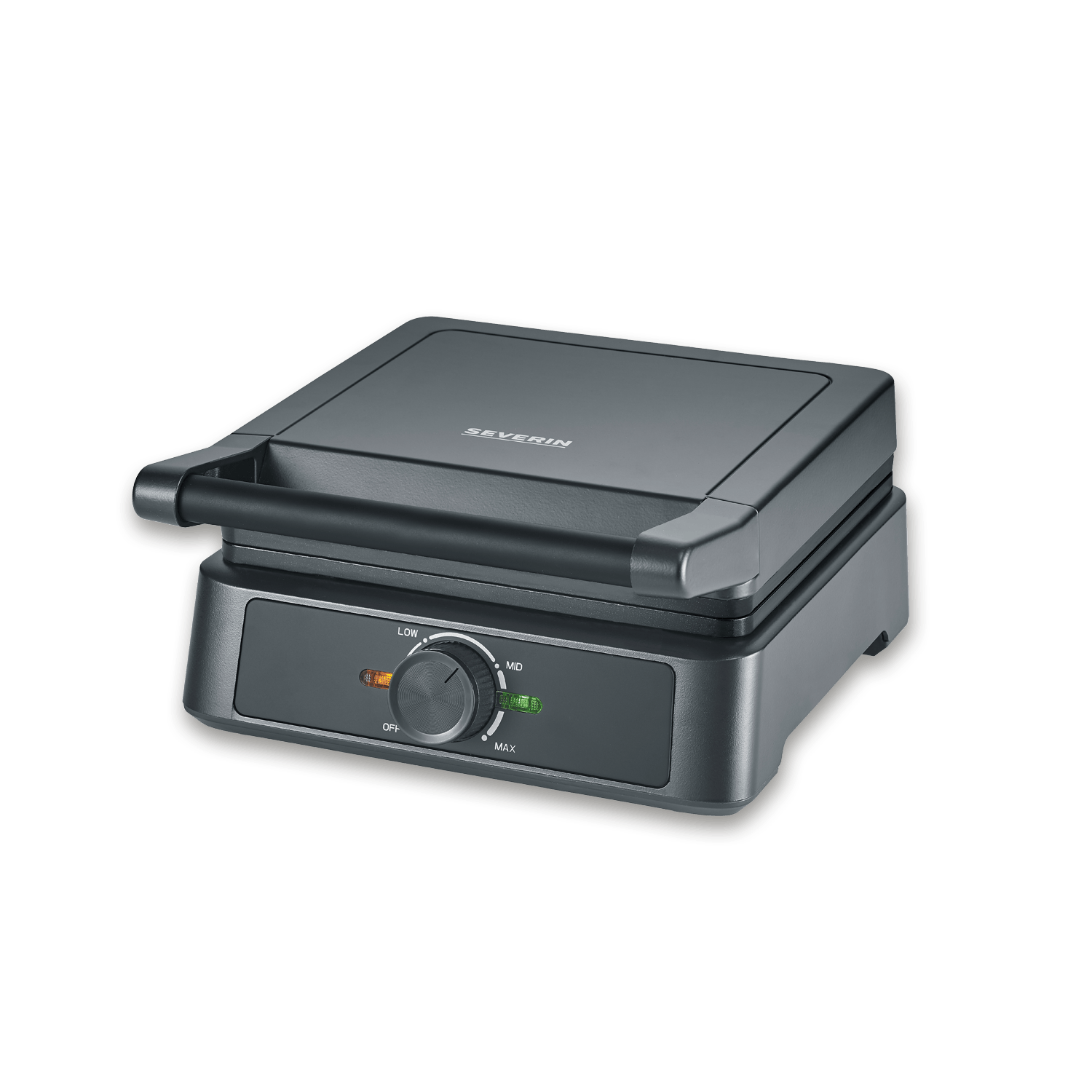 Ein geschlossener, dunkelgrauer Severin-Kontaktgrill mit Temperaturregler vorne vor schwarzem Hintergrund.