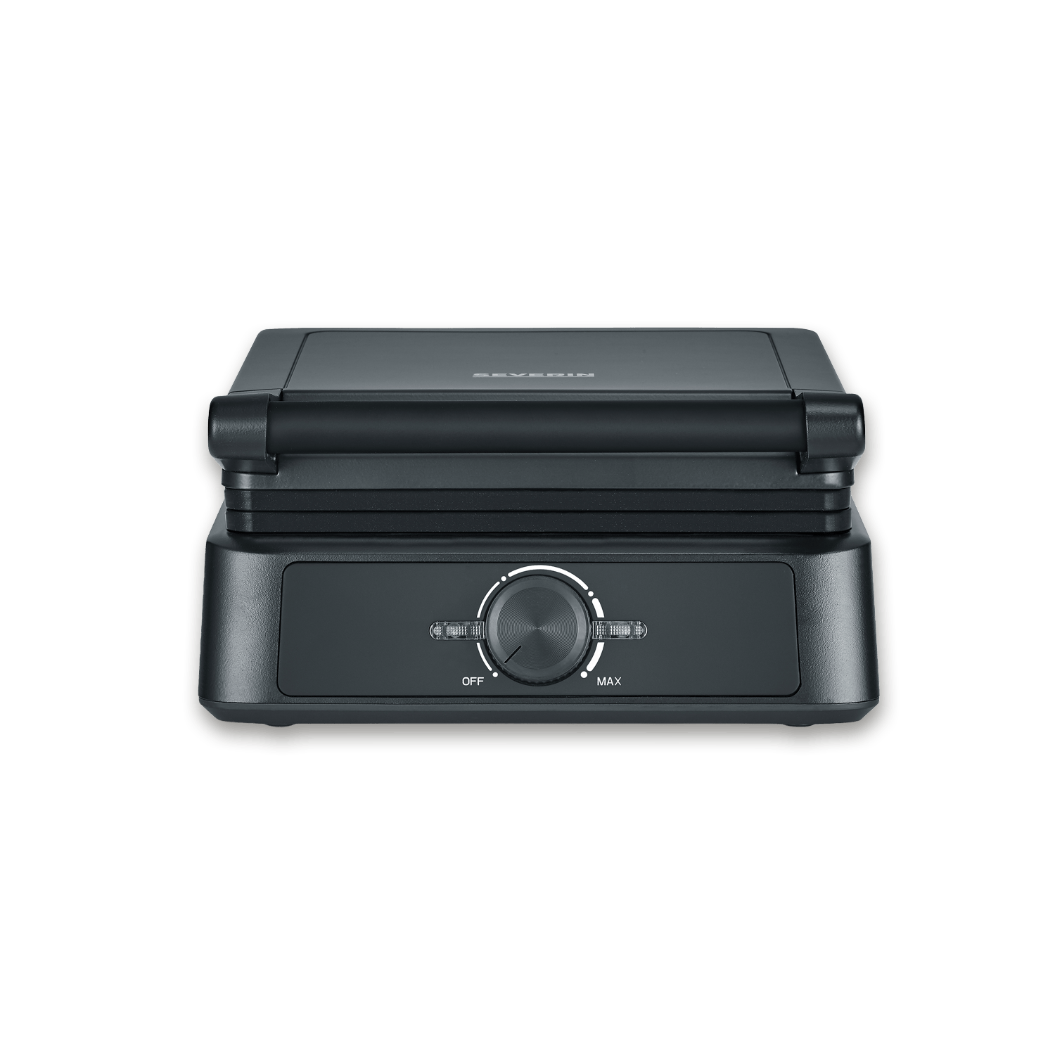Ein schwarzer Kontaktgrill mit einem Drehregler vorne in der Mitte, isoliert auf schwarzem Hintergrund.