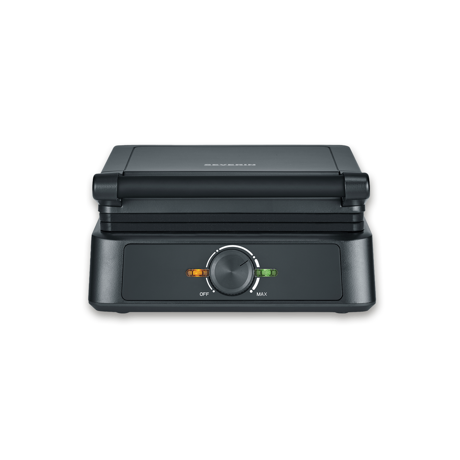 Ein schwarzer elektrischer Kontaktgrill mit einem Drehregler und Kontrollleuchten auf schwarzem Hintergrund.