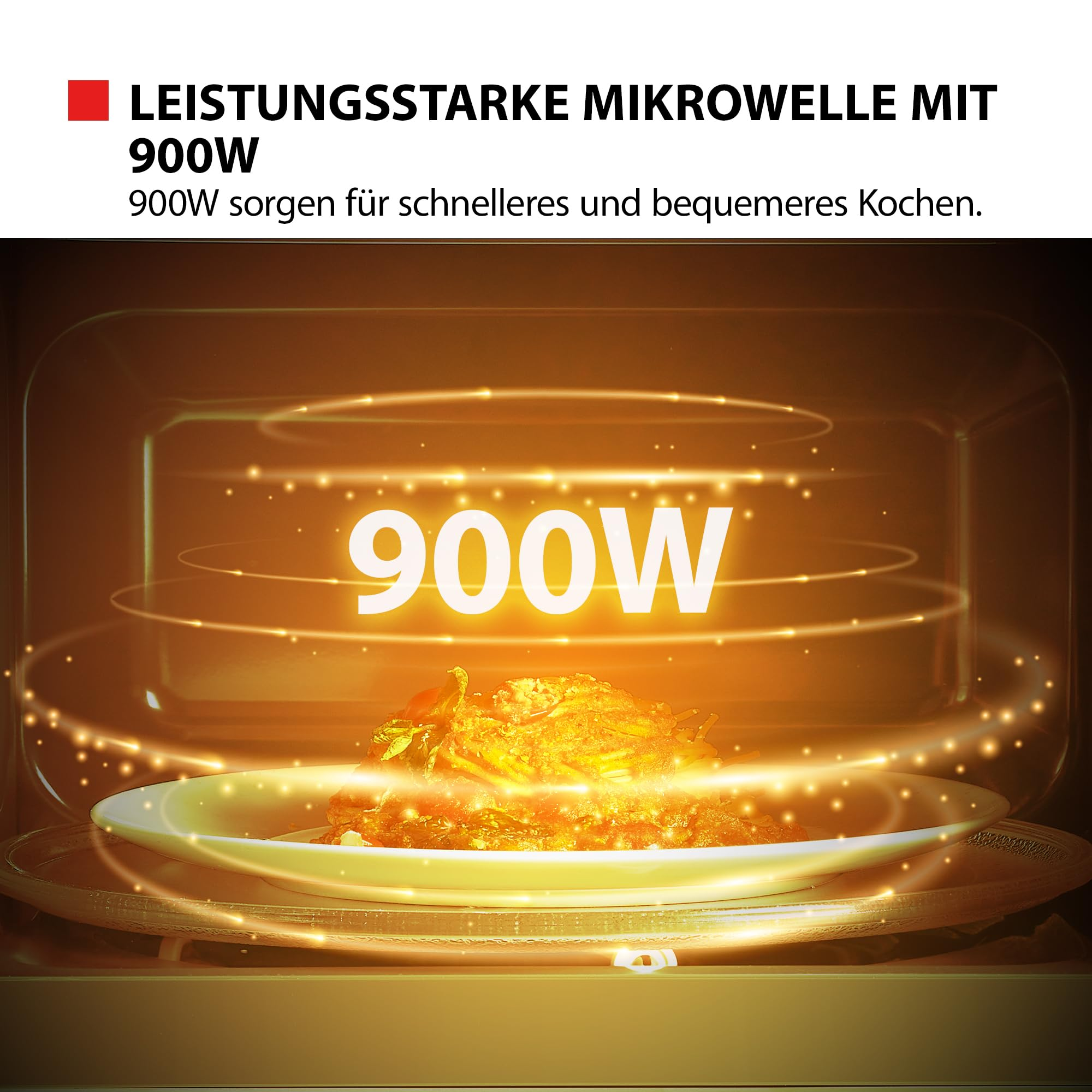 Un micro-ondes de 900W avec une assiette de nourriture à l'intérieur, entouré d'ondes lumineuses.