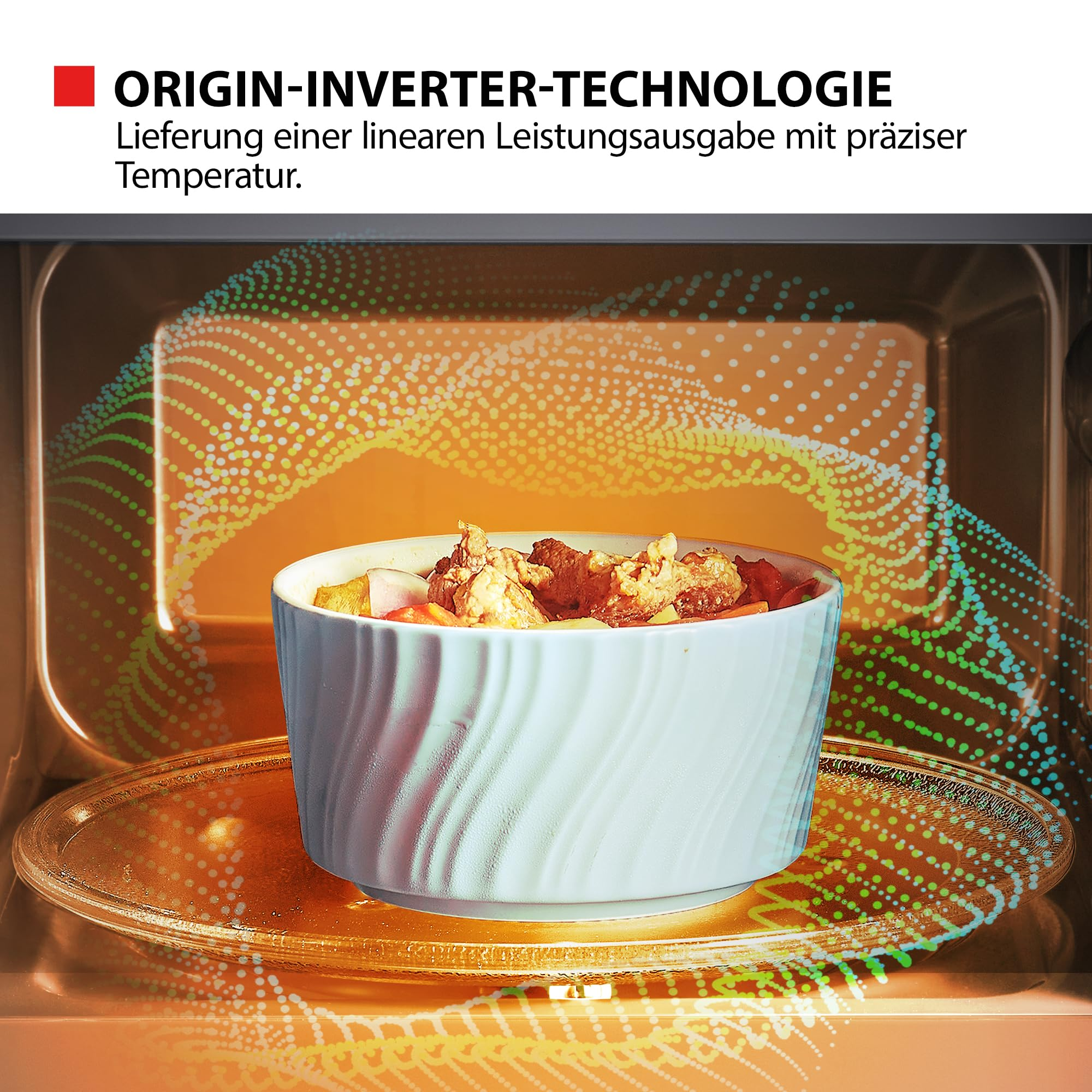 Un bol de nourriture dans un micro-ondes, avec du texte sur la technologie inverter au-dessus.