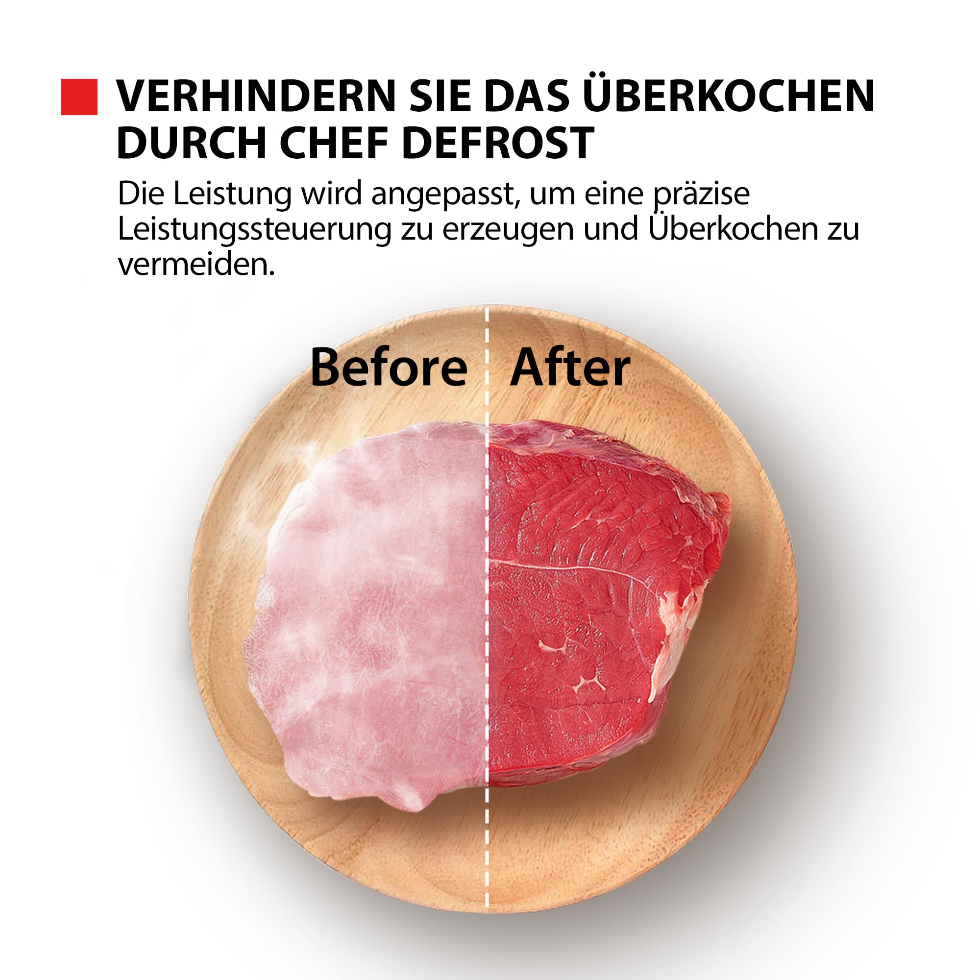 Image comparative de viande avant et après décongélation sur une assiette en bois avec du texte allemand.
