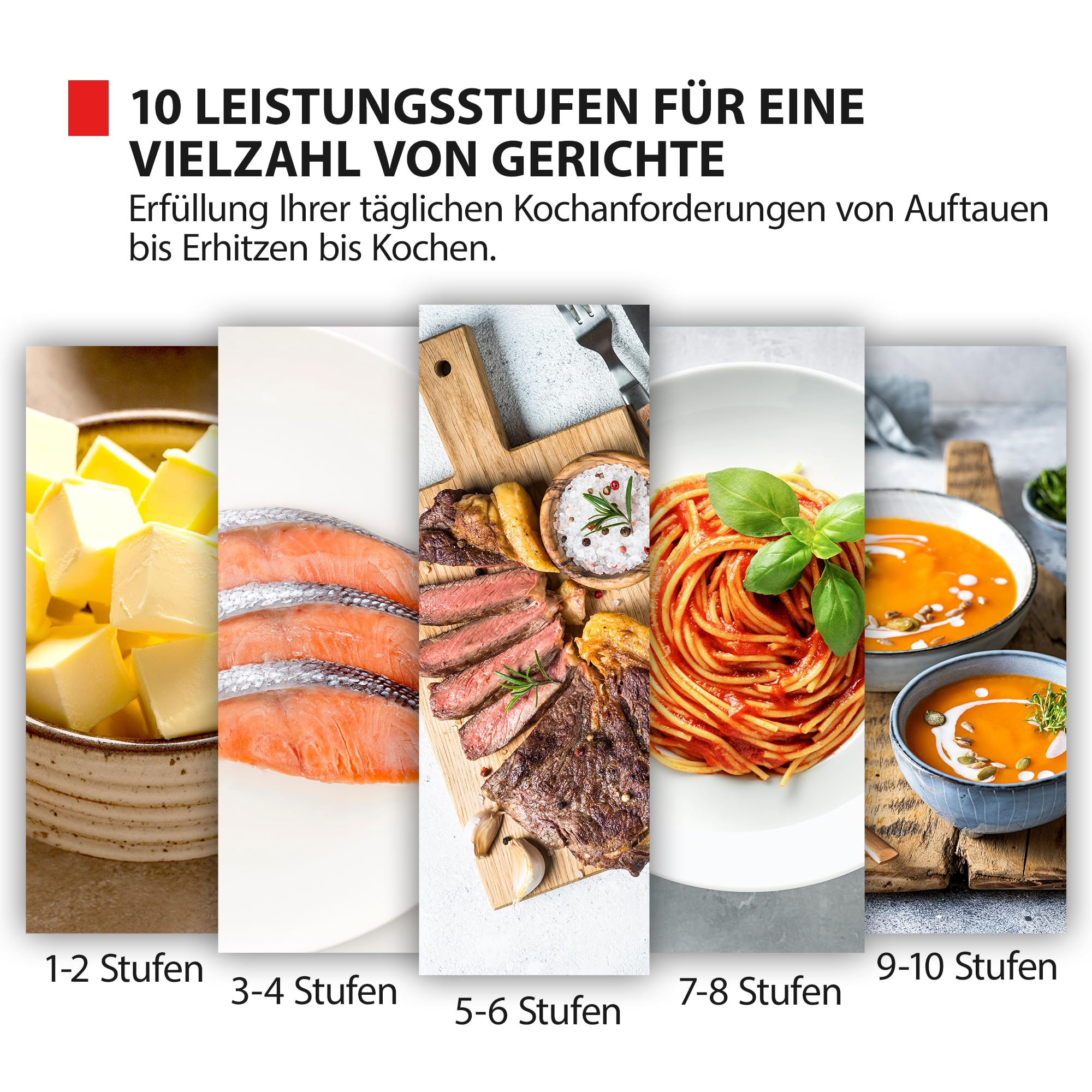 Divers aliments montrent dix niveaux de puissance pour la cuisson : beurre, saumon, viande, spaghettis et soupe.