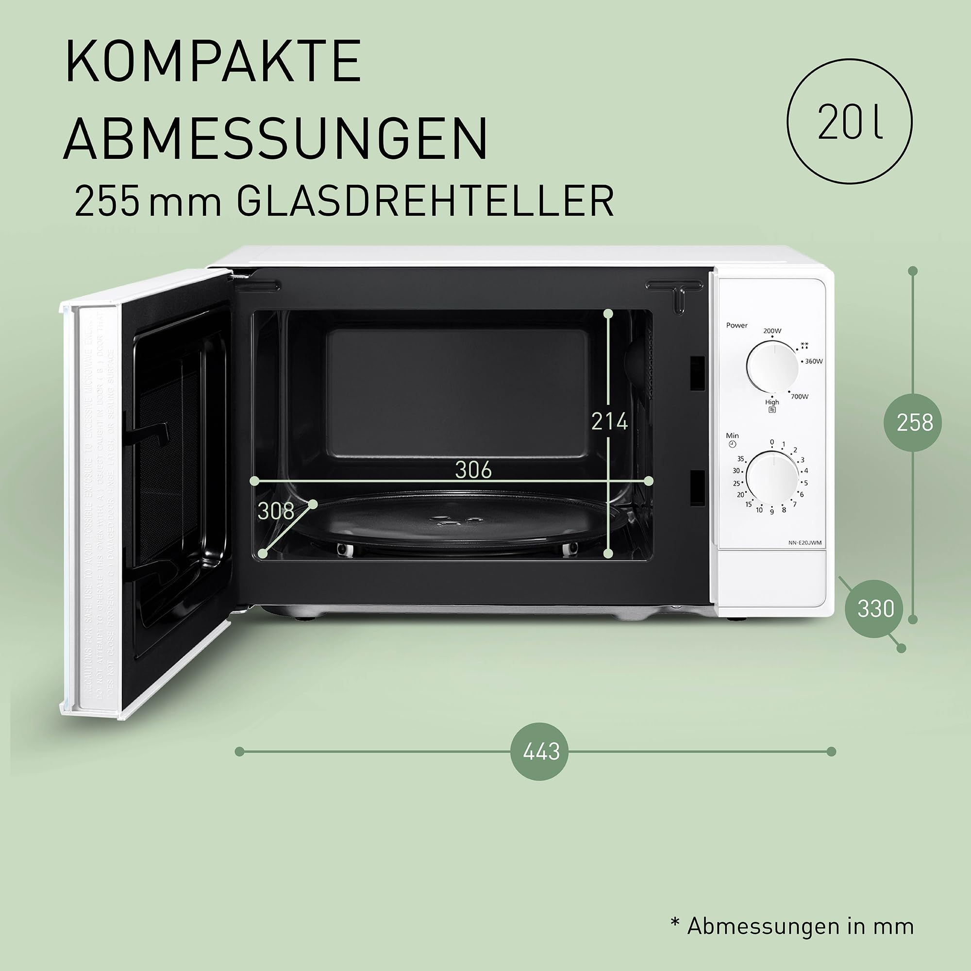 Weiße Mikrowelle mit geöffneter Tür und Maßangaben in mm auf grünem Hintergrund.