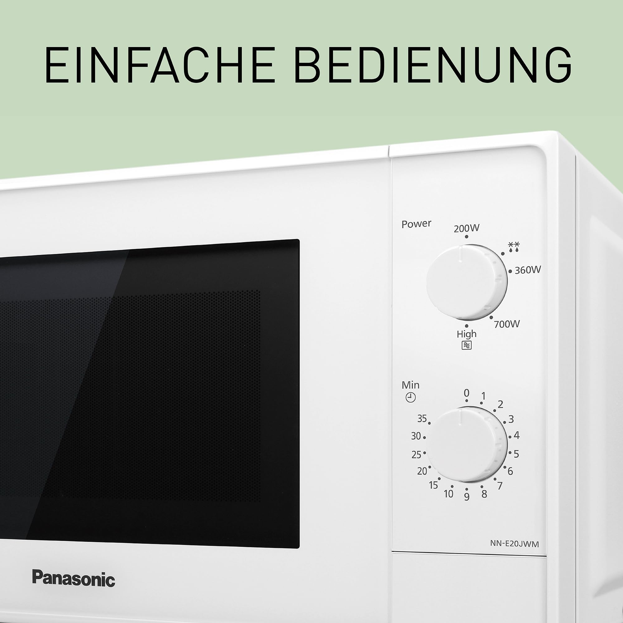 Weiße Panasonic Mikrowelle mit zwei Drehknöpfen für Leistung und Zeit.
