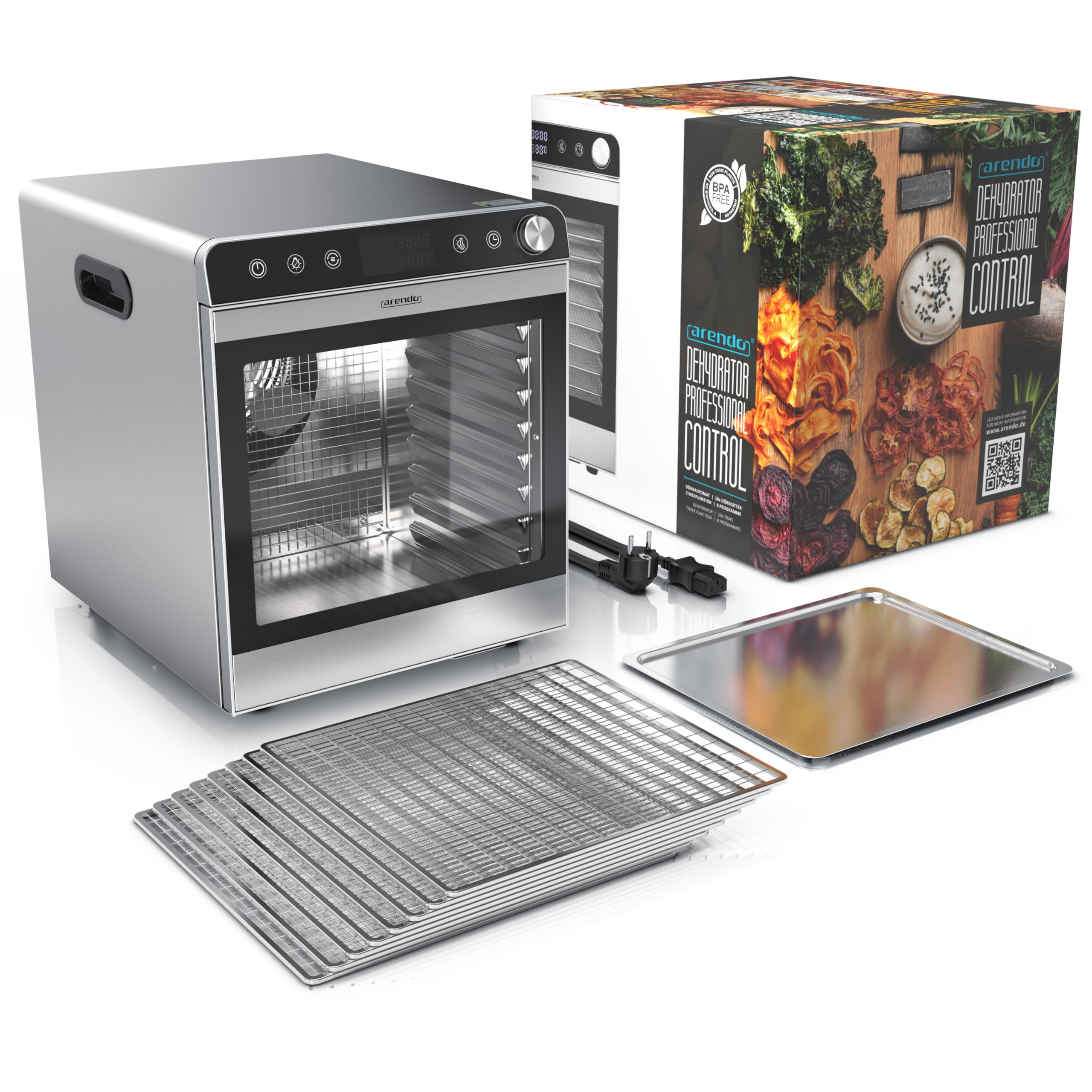 Edelstahl-Lebensmitteltrockner mit digitalem Display, mehreren Gittern, einem Tablett und Produktverpackung.