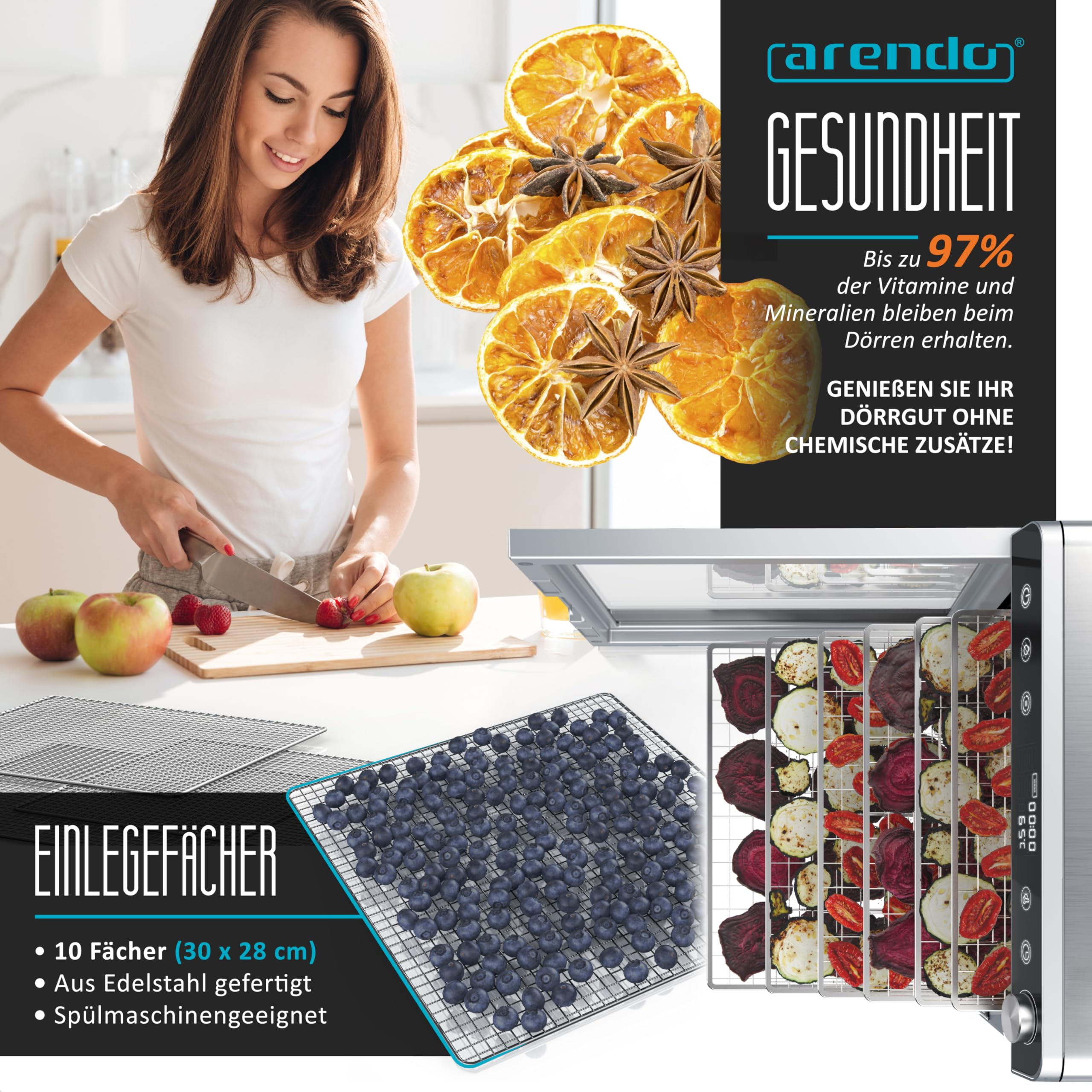 Frau schneidet Erdbeeren, Trockenobst und Dörrautomat mit Gemüsescheiben und Blaubeeren.