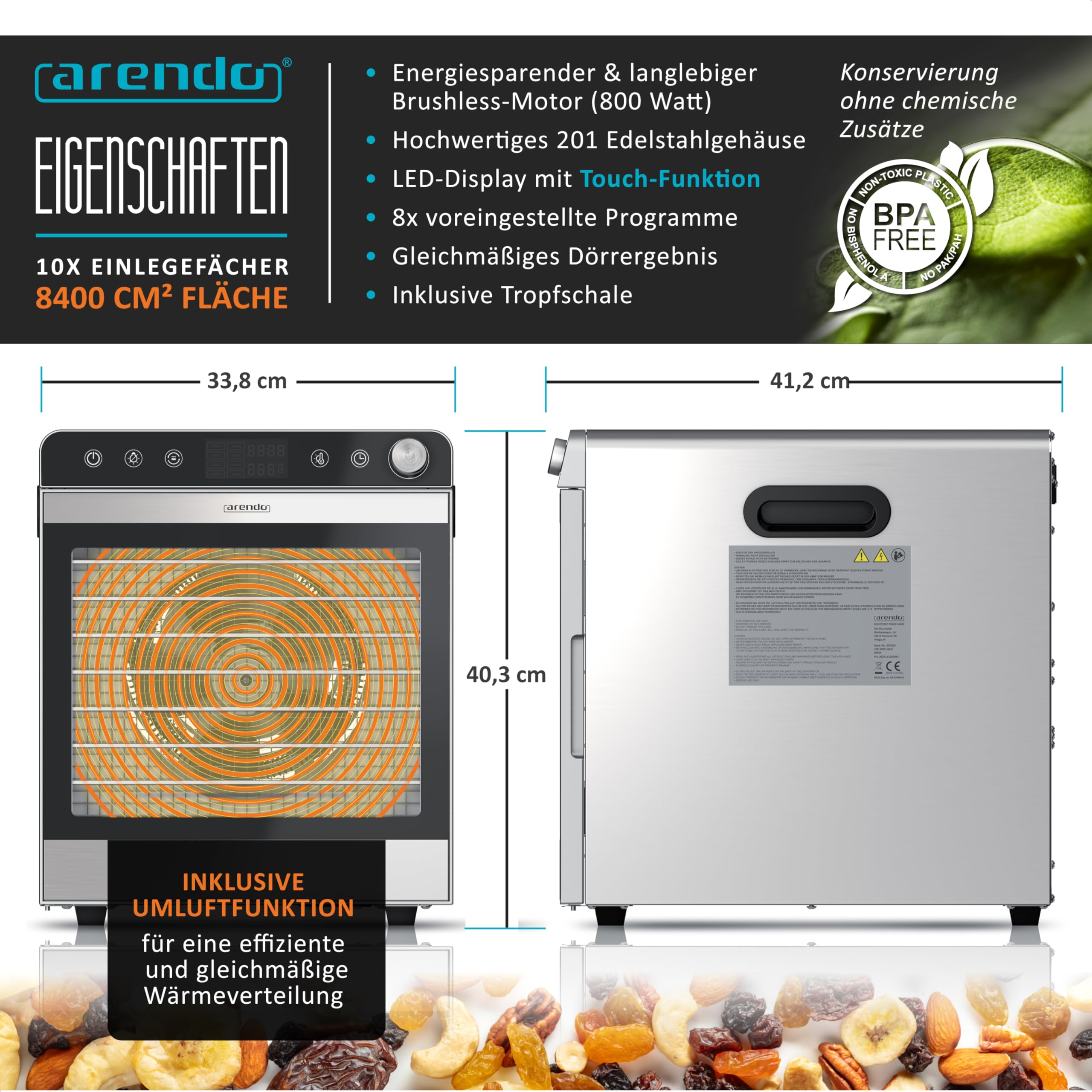 Arendo Dörrautomat mit Edelstahlgehäuse, LED-Display, 10 Fächern und Maßen sowie Trockenobst im Vordergrund.