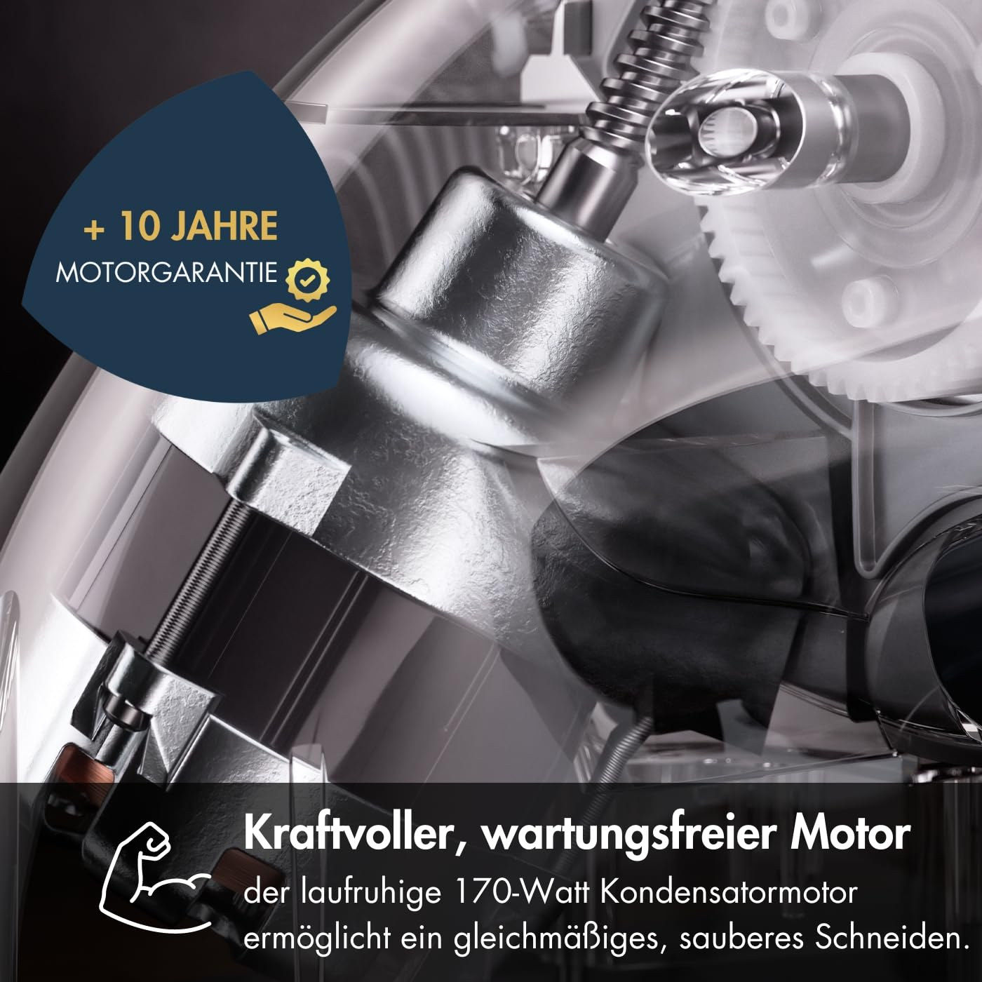 Technische Detailaufnahme eines kraftvollen 170-Watt Kondensatormotors mit Metall- und Kunststoffteilen.