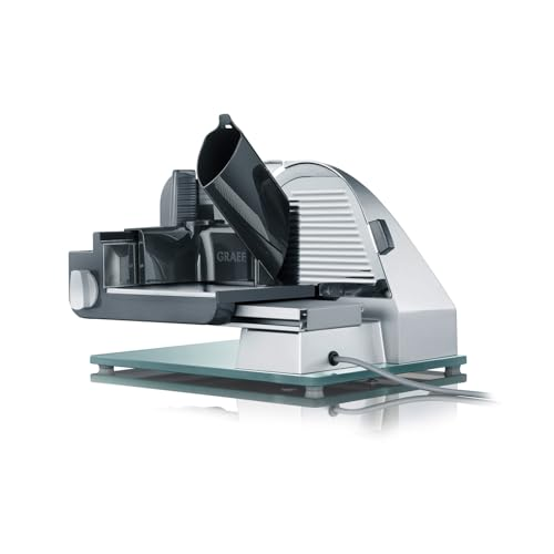 Ein silber-schwarzer elektrischer Allesschneider auf Glasbasis mit Rundmesser und Schutzvorrichtung.