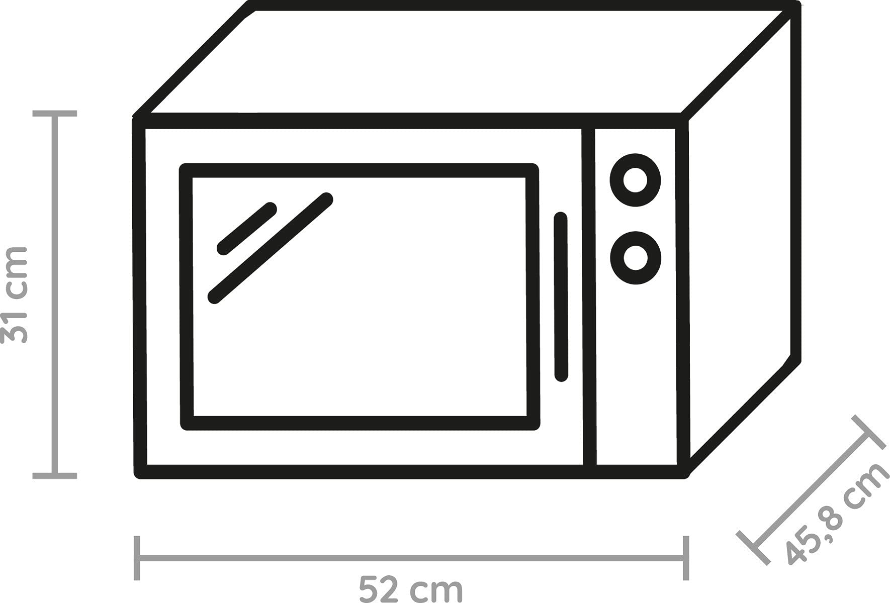 Dessin au trait d'un micro-ondes avec dimensions : 31 cm de hauteur, 52 cm de largeur, 45,8 cm de profondeur.