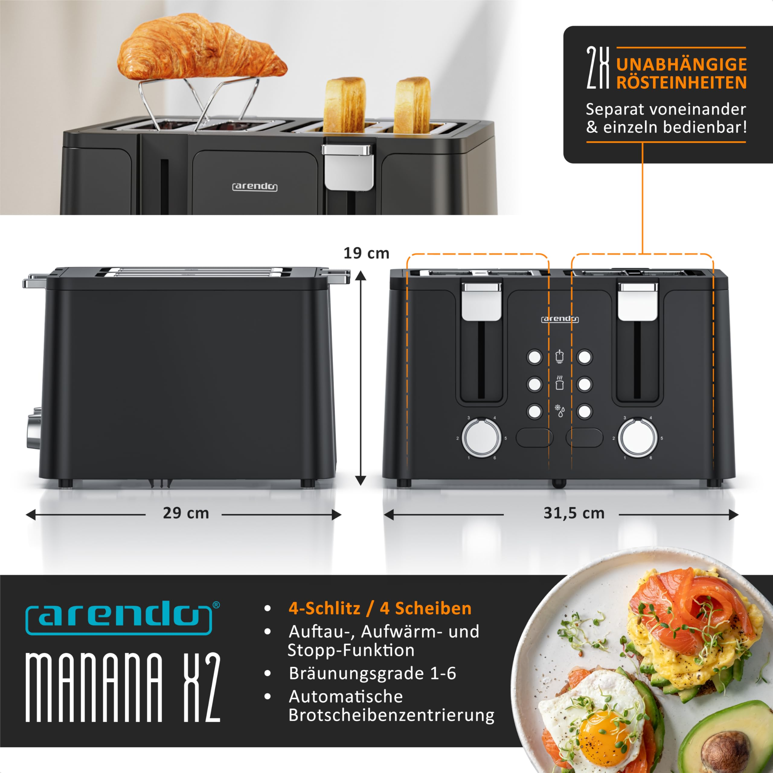 Ein schwarzer Arendo 4-Schlitz-Toaster mit Maßen, Bedienelementen, Brötchenaufsatz und Toast auf einem Teller.