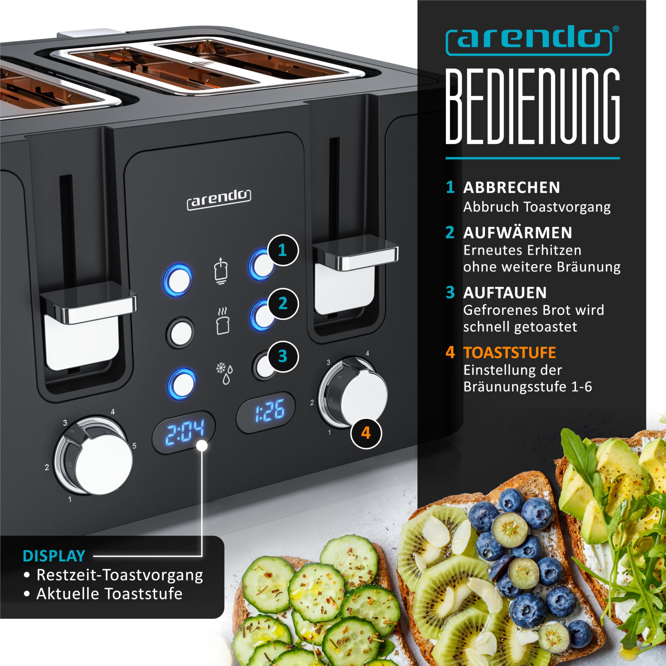 Arendo Toaster mit Bedienungsanleitung, Display und getoastetem Brot mit Früchten.