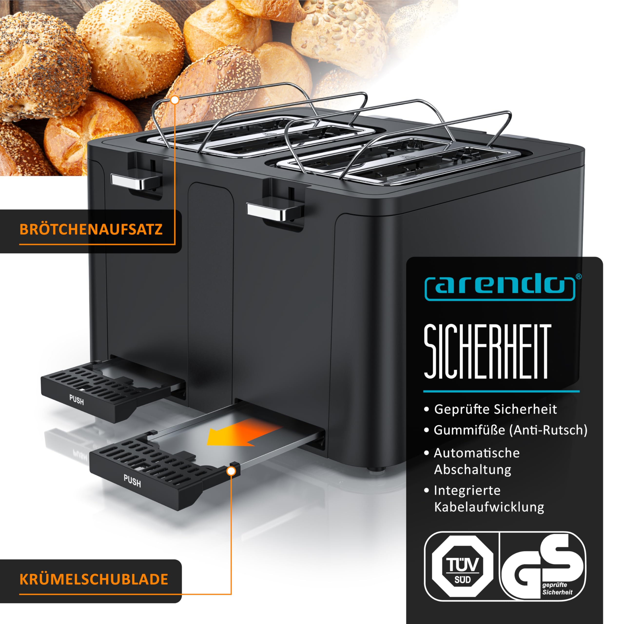 Schwarzer Langschlitztoaster mit Brötchenaufsatz und Krümelschublade sowie Sicherheitshinweisen.
